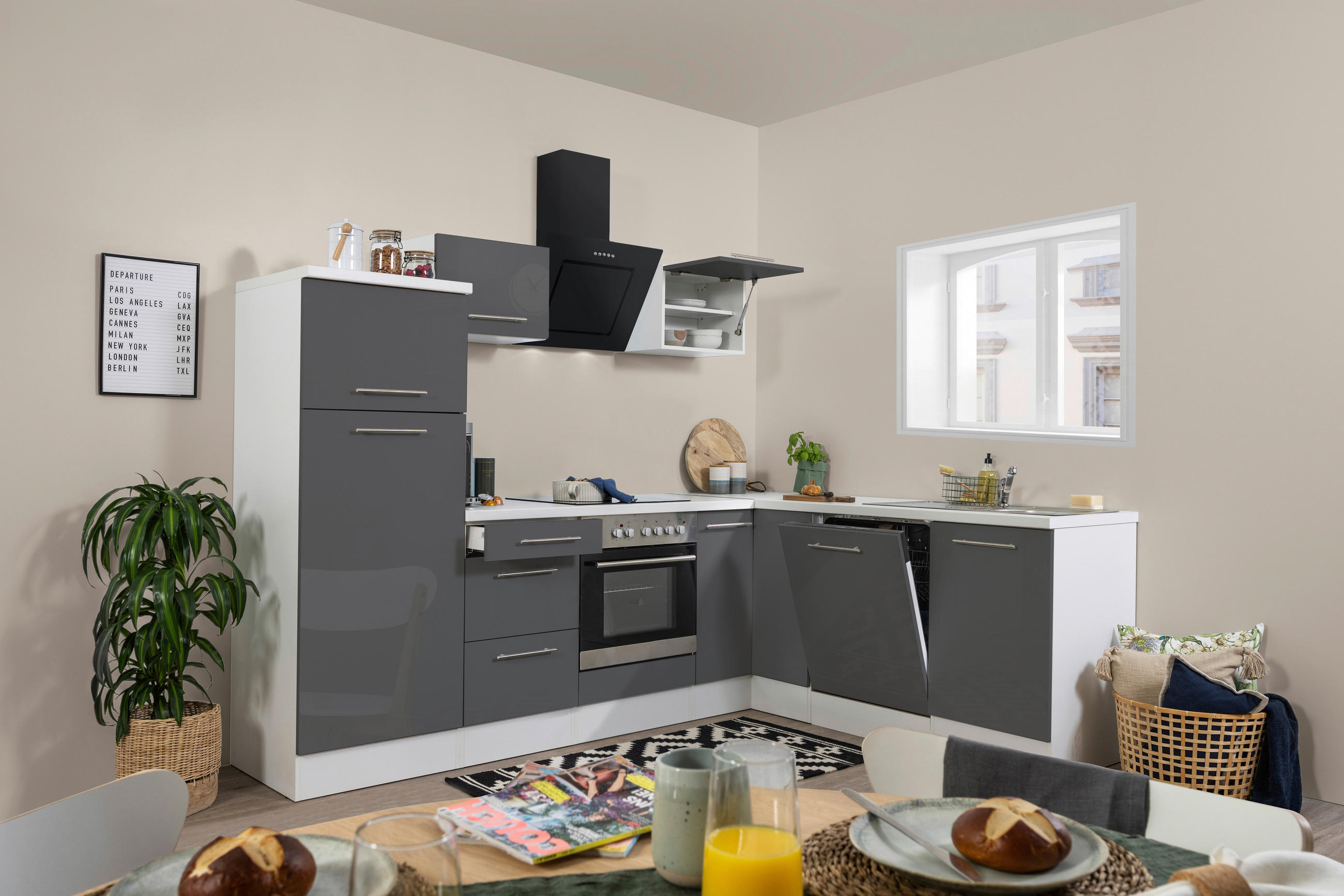 ECKKÜCHE 260/200 cm Grau, Weiß E-Geräte, Spüle, Soft-Close-System, Geschirrspülerblende, Ab- und Überlaufgarnitur - Alufarben/Weiß, KONVENTIONELL (260/200cm) - Respekta