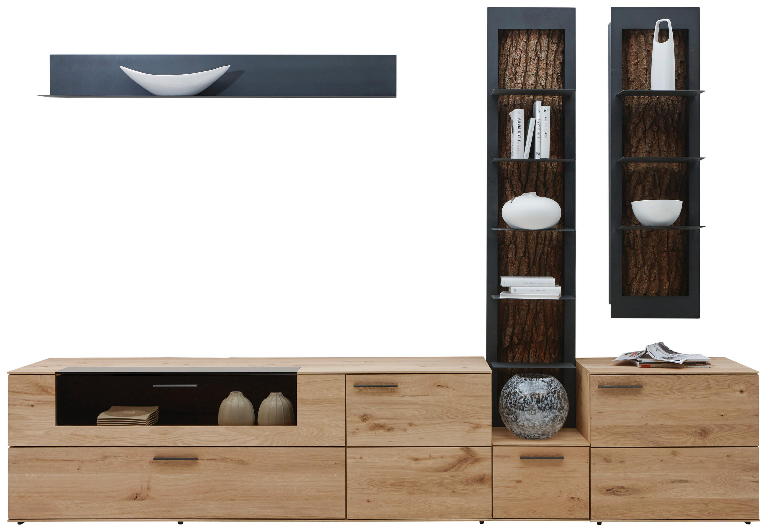 WOHNWAND  in Anthrazit, Eichefarben  298/214/49 cm  - Eichefarben/Anthrazit, Natur, Glas/Holz (298/214/49cm) - Valnatura
