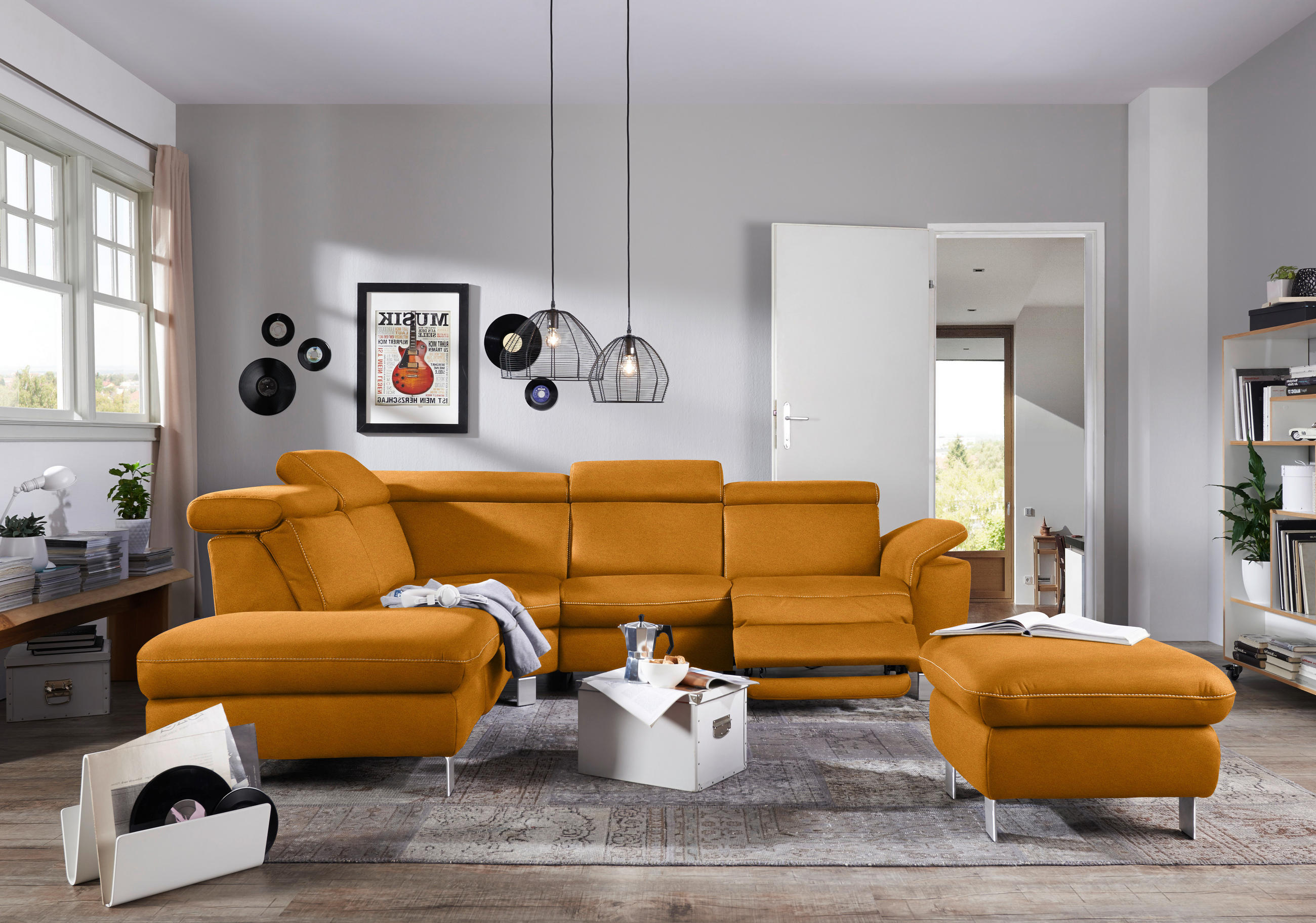 ECKSOFA in Flachgewebe, Mikrofaser Orange  - Beige/Alufarben, Design, Textil/Metall (239/271cm) - Cantus