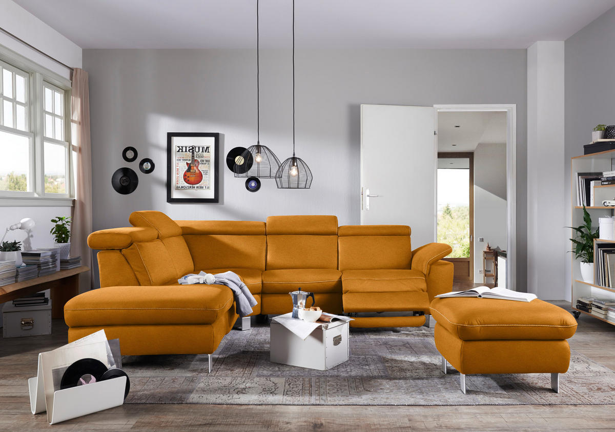 ECKSOFA in Flachgewebe, Mikrofaser Orange  - Beige/Alufarben, Design, Textil/Metall (239/271cm) - Cantus
