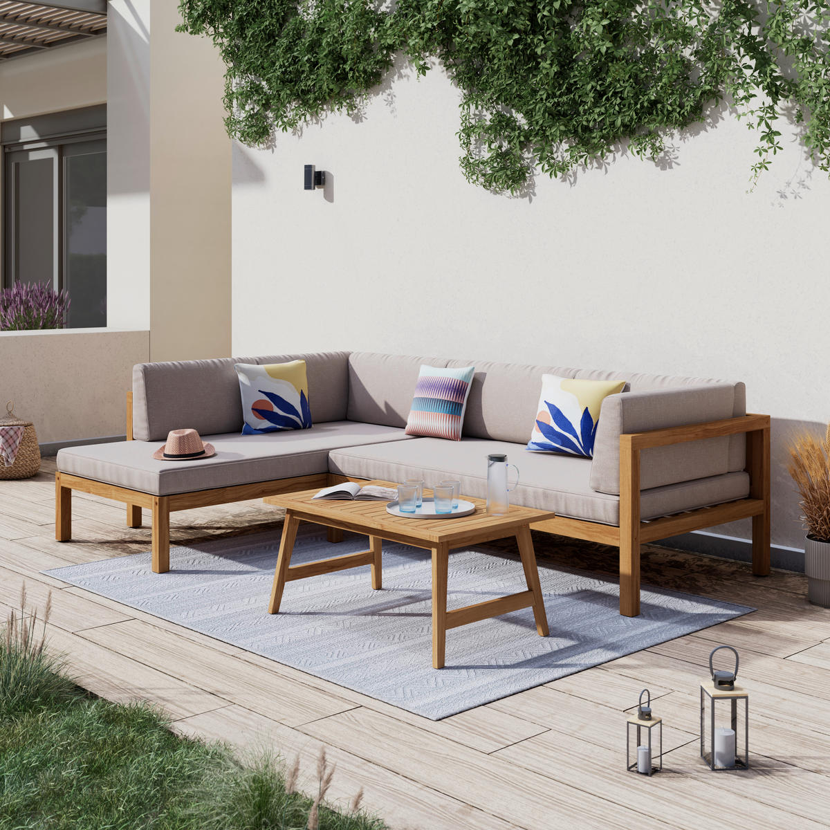 LOUNGEGARNITUR Akazie vollmassiv  - Beige/Naturfarben, MODERN, Holz/Textil (262/78/180cm) - Ambia Garden