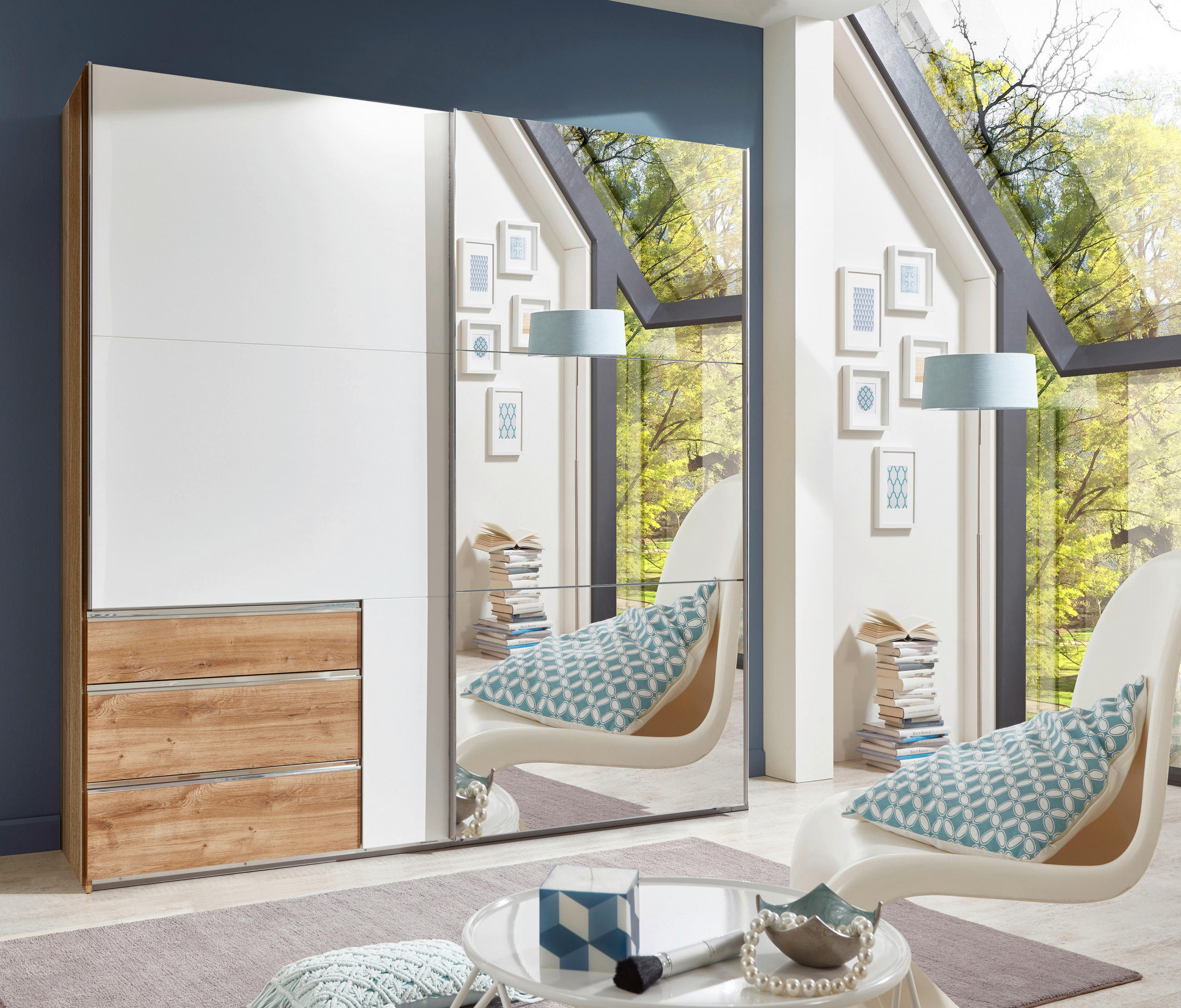 SCHWEBETÜRENSCHRANK 250/216/65 cm 2-türig Weiß, Eichefarben  - Chromfarben/Eichefarben, MODERN, Glas/Holzwerkstoff (250/216/65cm) - MID.YOU