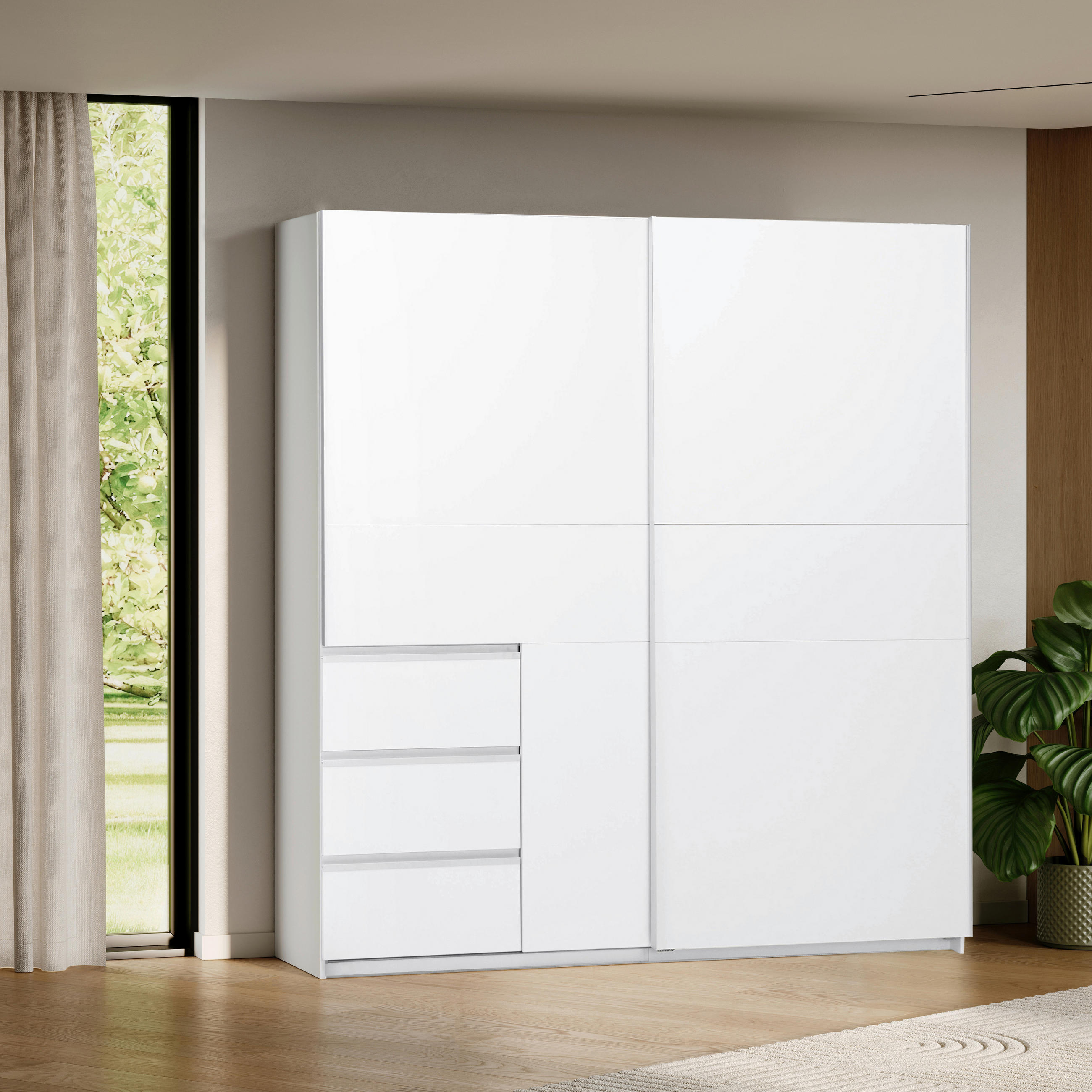 SCHIEBETÜRENSCHRANK 215/205/61,5 cm 2-türig Weiß  - Weiß, MODERN, Holzwerkstoff/Metall (215/205/61,5cm) - MID.YOU