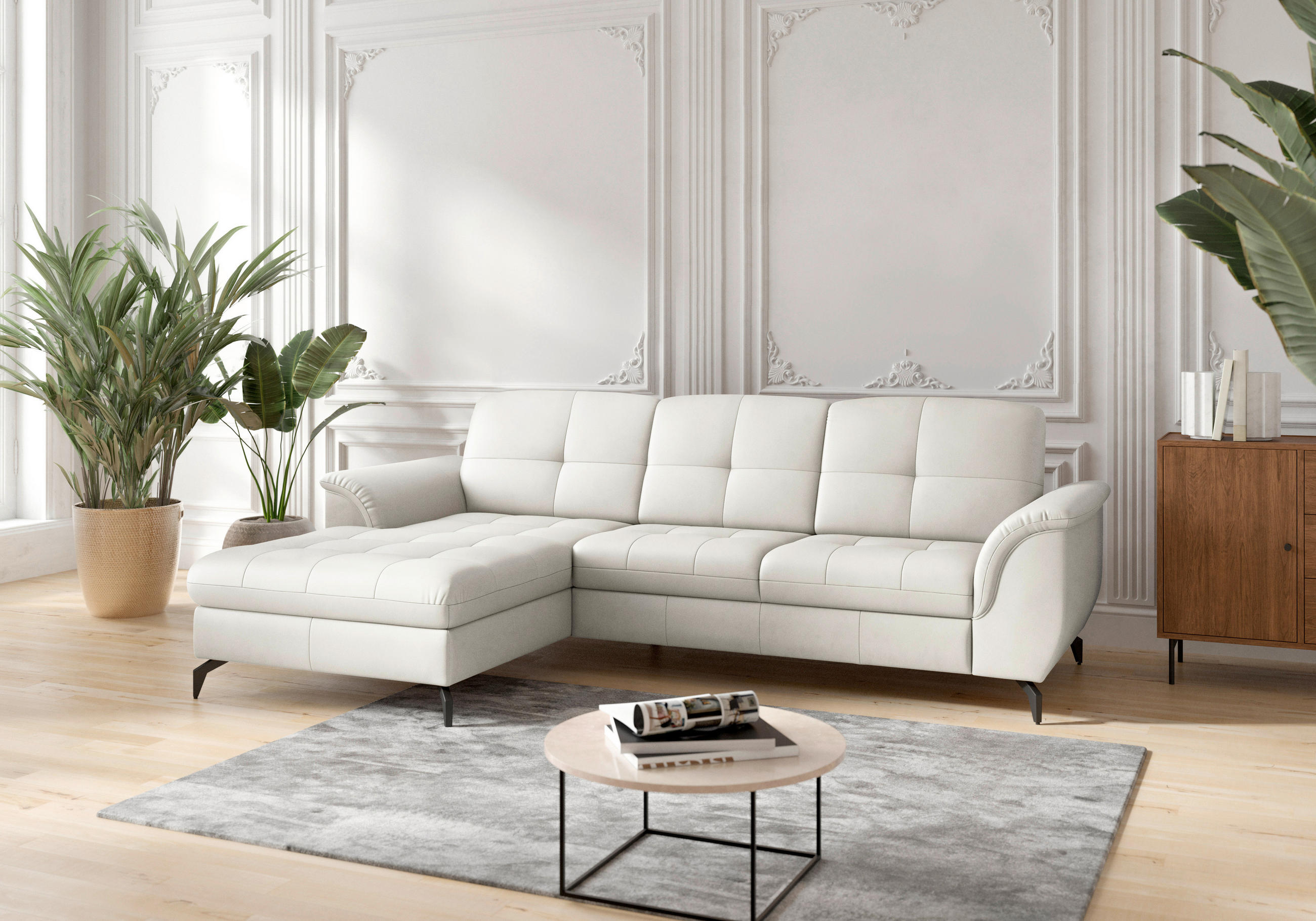 ECKSOFA in Echtleder Weiß  164/262 cm  - Schwarz/Weiß, MODERN, Leder/Metall (164/262cm) - Sit & More