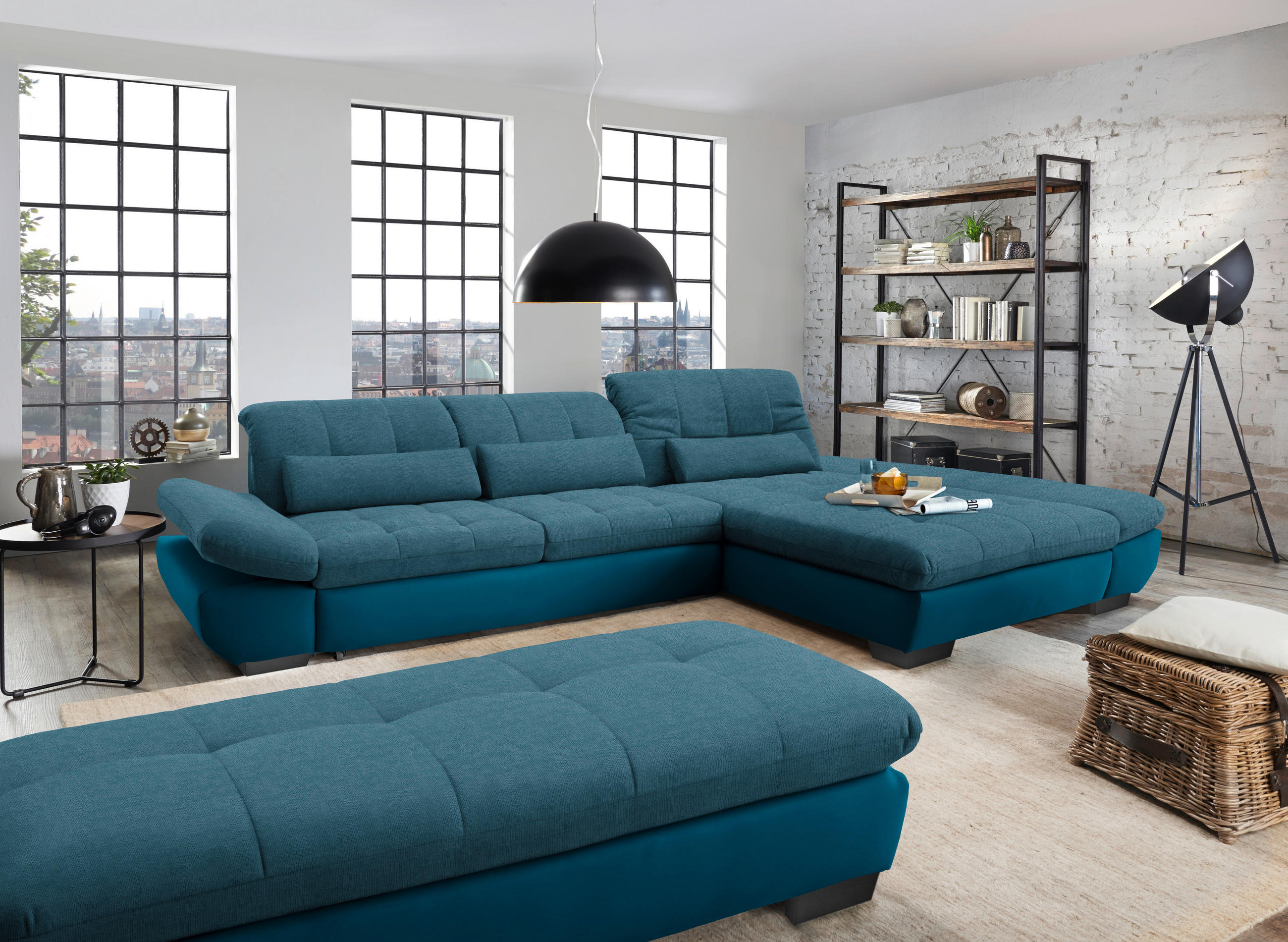 ECKSOFA in Mikrofaser Dunkelblau  - Schwarz/Dunkelblau, Design, Textil/Metall (341/204cm) - Xora