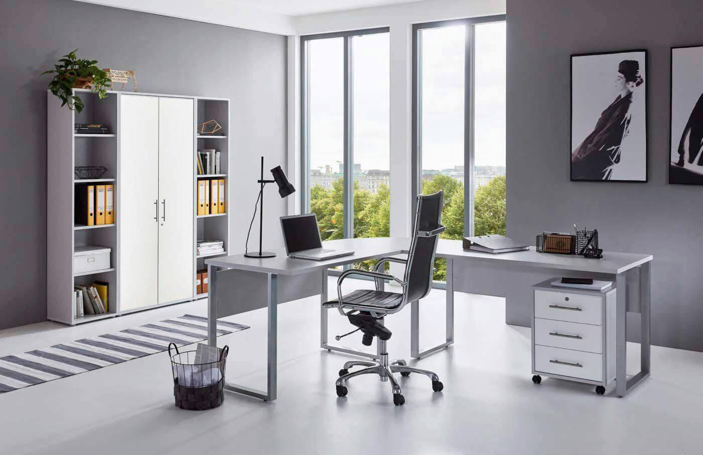 BÜRO erweiterbar, in verschiedenen Holz-Dekoren erhältlich, Schreibtisch seitenverkehrt montierbar, abschließbar Grau, Weiß - Weiß/Grau, MODERN, Holzwerkstoff - MID.YOU