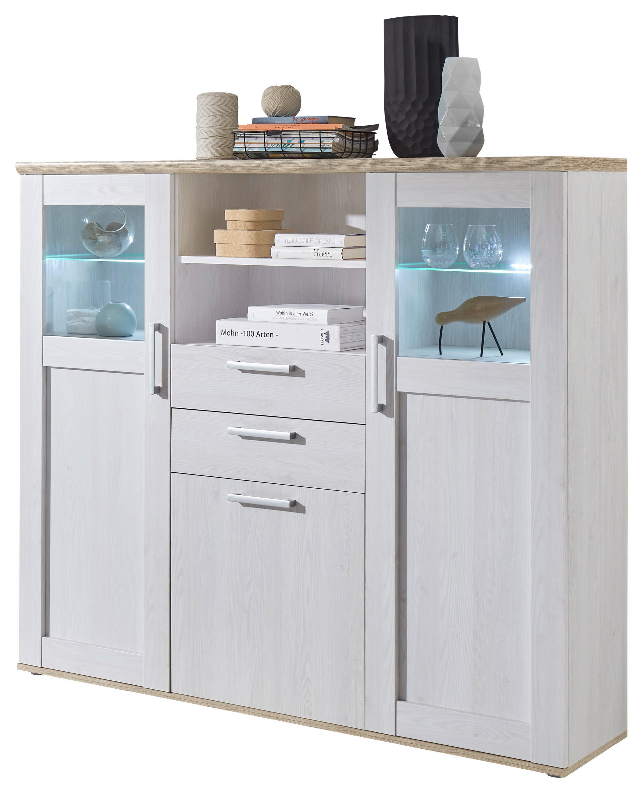 HIGHBOARD  in 157/137/38 cm  - Silberfarben/Lärchefarben, Lifestyle, Glas/Holzwerkstoff (157/137/38cm) - MID.YOU