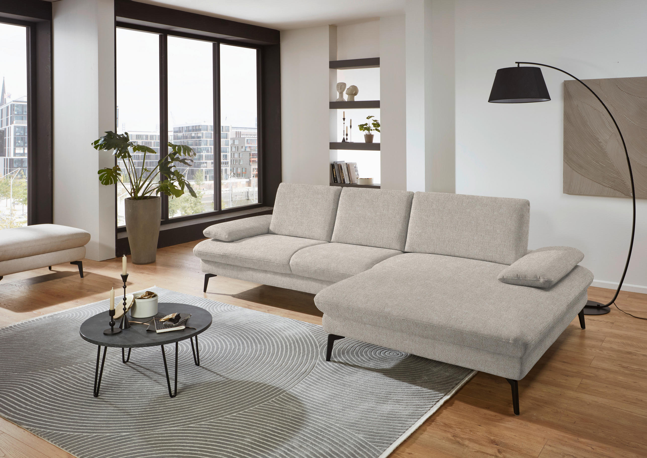 ECKSOFA in Chenille, Mikrofaser Ecru  299/157 cm  - Ecru/Schwarz, Design, Textil/Metall (299/157cm) - Dieter Knoll