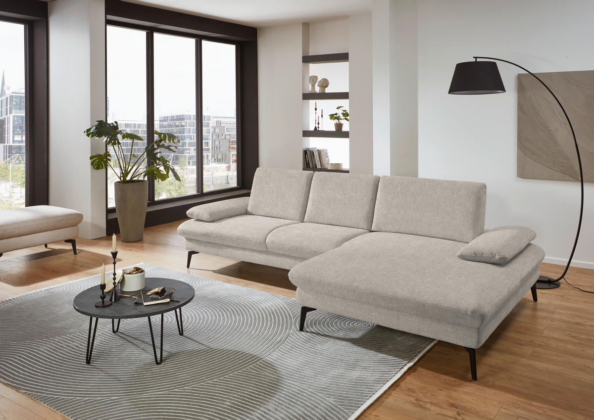 ECKSOFA in Chenille, Mikrofaser Ecru  - Ecru/Schwarz, Design, Textil/Metall (299/157cm) - Dieter Knoll