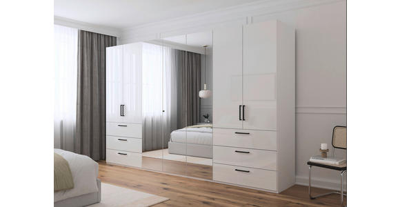 DREHTÜRENSCHRANK 350/223/61 cm,  in Weiß, Weiß Hochglanz, 7-türig  - Chromfarben/Weiß Hochglanz, Basics, Glas/Holzwerkstoff (350/223/61cm) - Novel