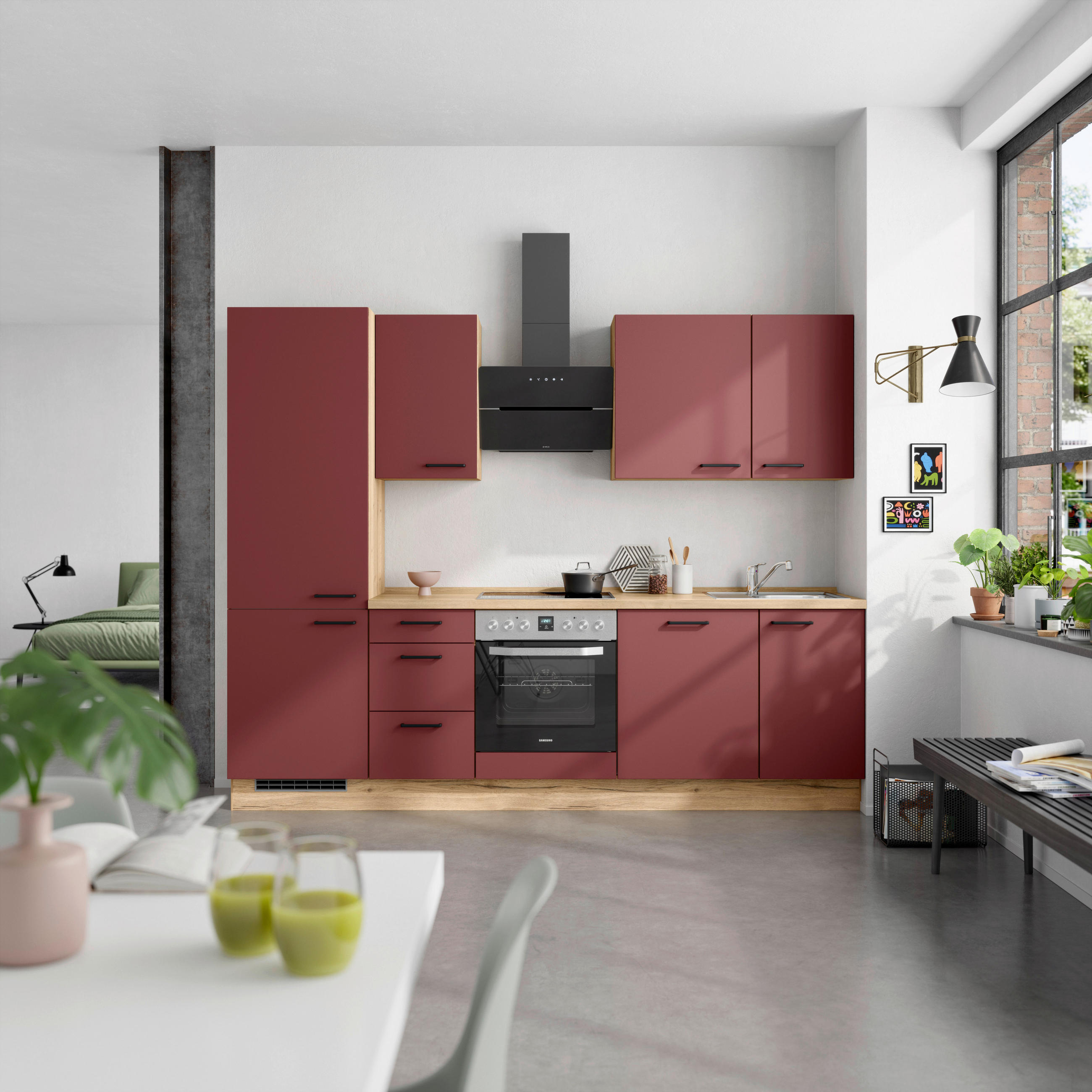 KÜCHENLEERBLOCK 270 cm   in Rot, Eichefarben  - Eichefarben/Rot, MODERN, Holzwerkstoff/Metall (270cm) - Nobilia