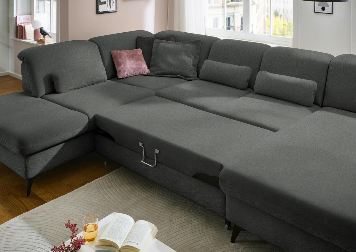 WOHNLANDSCHAFT Chenille Grau  - Schwarz/Grau, Design, Textil/Metall (255/364/198cm) - Beldomo Style