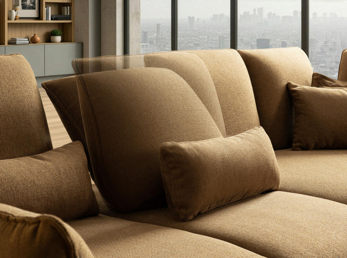 ECKSOFA Braun Flachgewebe Rücken echt, Nierenkissen  - Schwarz/Braun, Design, Textil/Metall (320/169cm) - Moderano