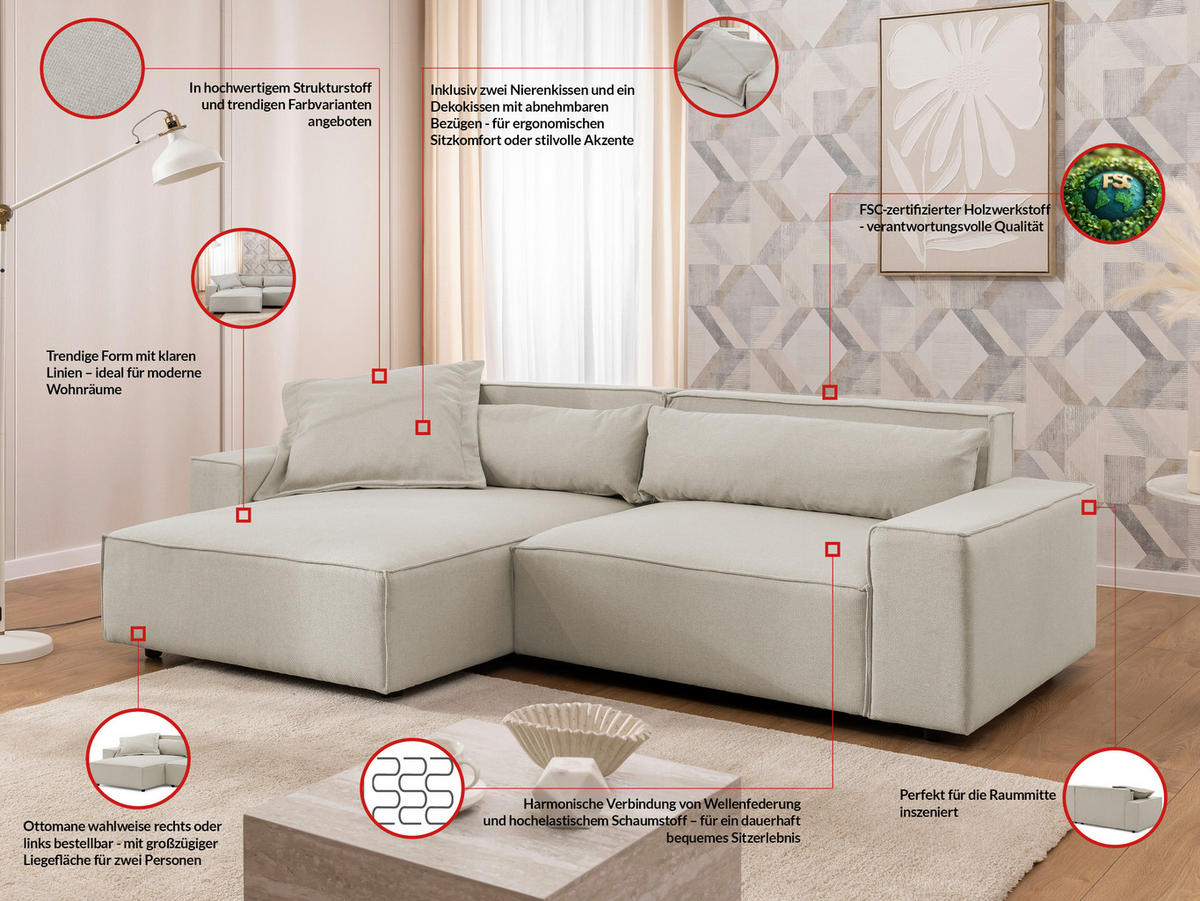 ECKSOFA Curduroy in Webstoff Ecru Rückenkissen  251/142 cm  - Ecru/Schwarz, Design, Kunststoff/Textil (251/142cm) - P & B