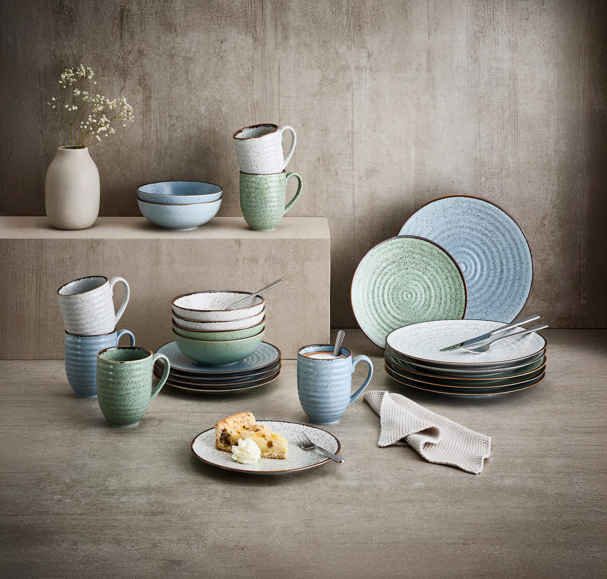 KOMBISERVICE Blau, Grün, Beige Farmhouse 24-teilig 6 Personen  - Blau/Beige, Design, Keramik - Landscape