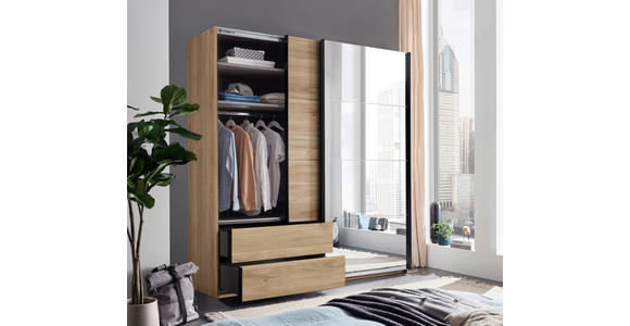 SCHWEBETÜRENSCHRANK 215/225,5/60,5 cm 2-türig Eichefarben  - Eichefarben/Schwarz, MODERN, Glas/Holzwerkstoff (215/225,5/60,5cm) - Xora