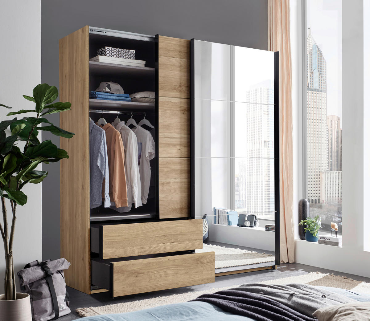 SCHWEBETÜRENSCHRANK Eichefarben  - Eichefarben/Schwarz, Modern, Glas/Holzwerkstoff (215/225,5/60,5cm) - Xora