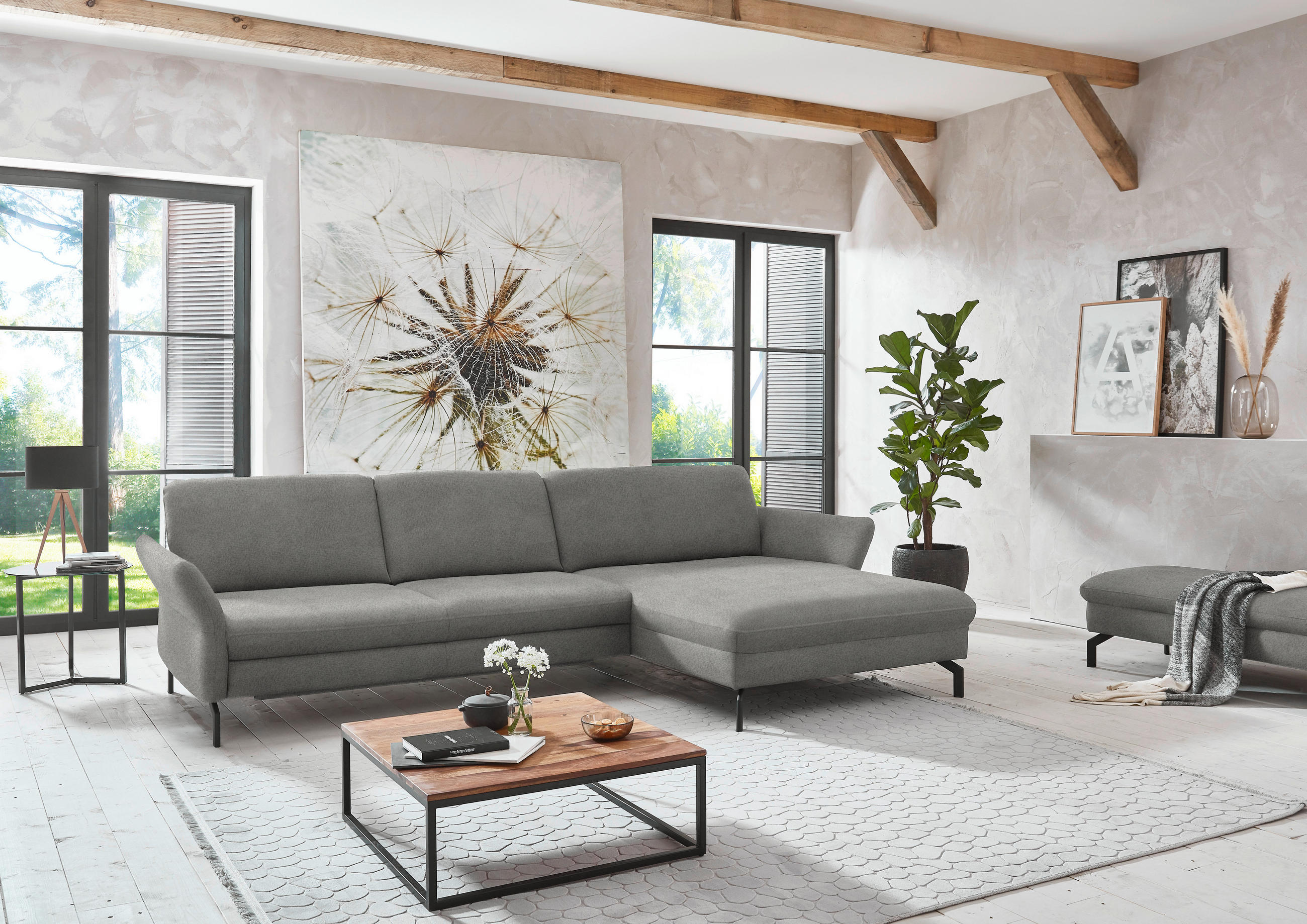ECKSOFA in Velours Hellgrau  - Hellgrau/Schwarz, Design, Textil/Metall (306/179cm) - Beldomo System