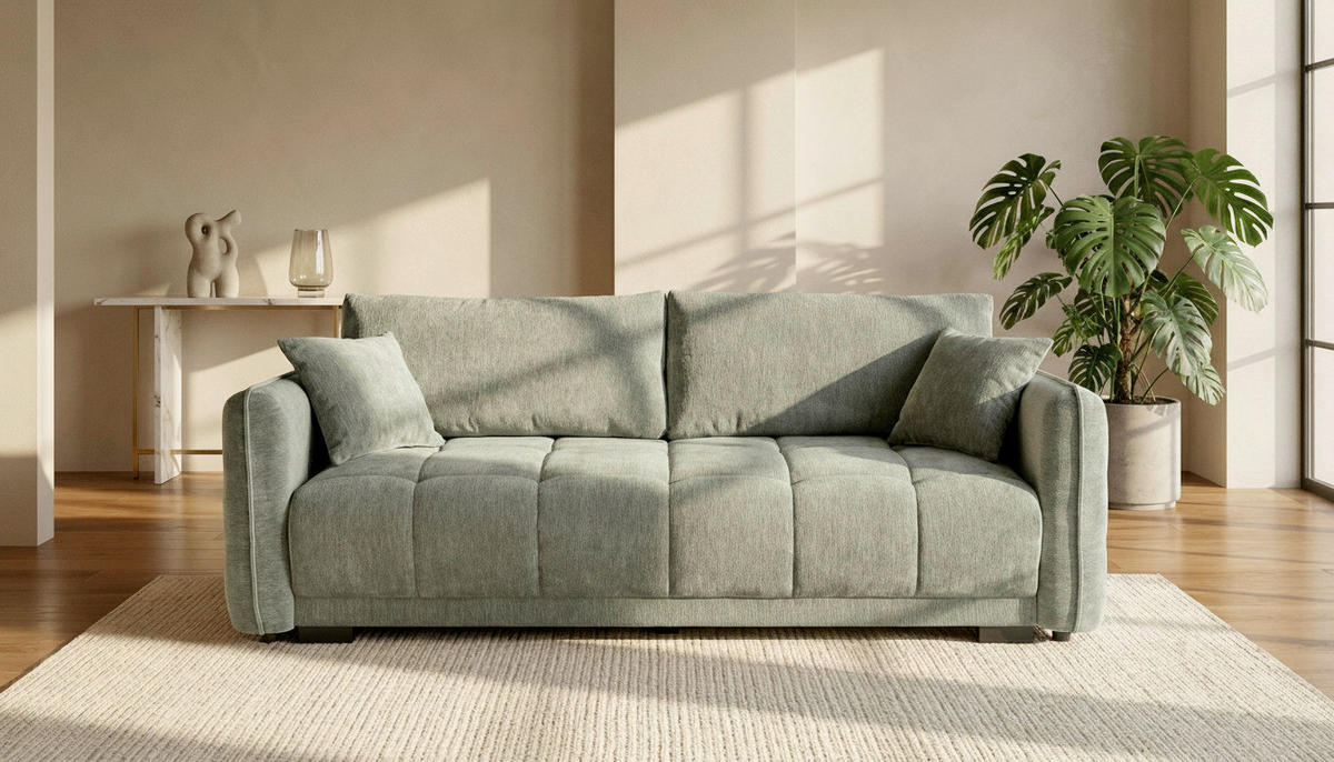 BOXSPRINGSOFA Chenille Grau, Grün  inkl. Zierkissen, Rückenkissen, Bettkasten, Schlaffunktion  - Schwarz/Grau, KONVENTIONELL, Kunststoff/Textil (235/94/103cm) - Novel