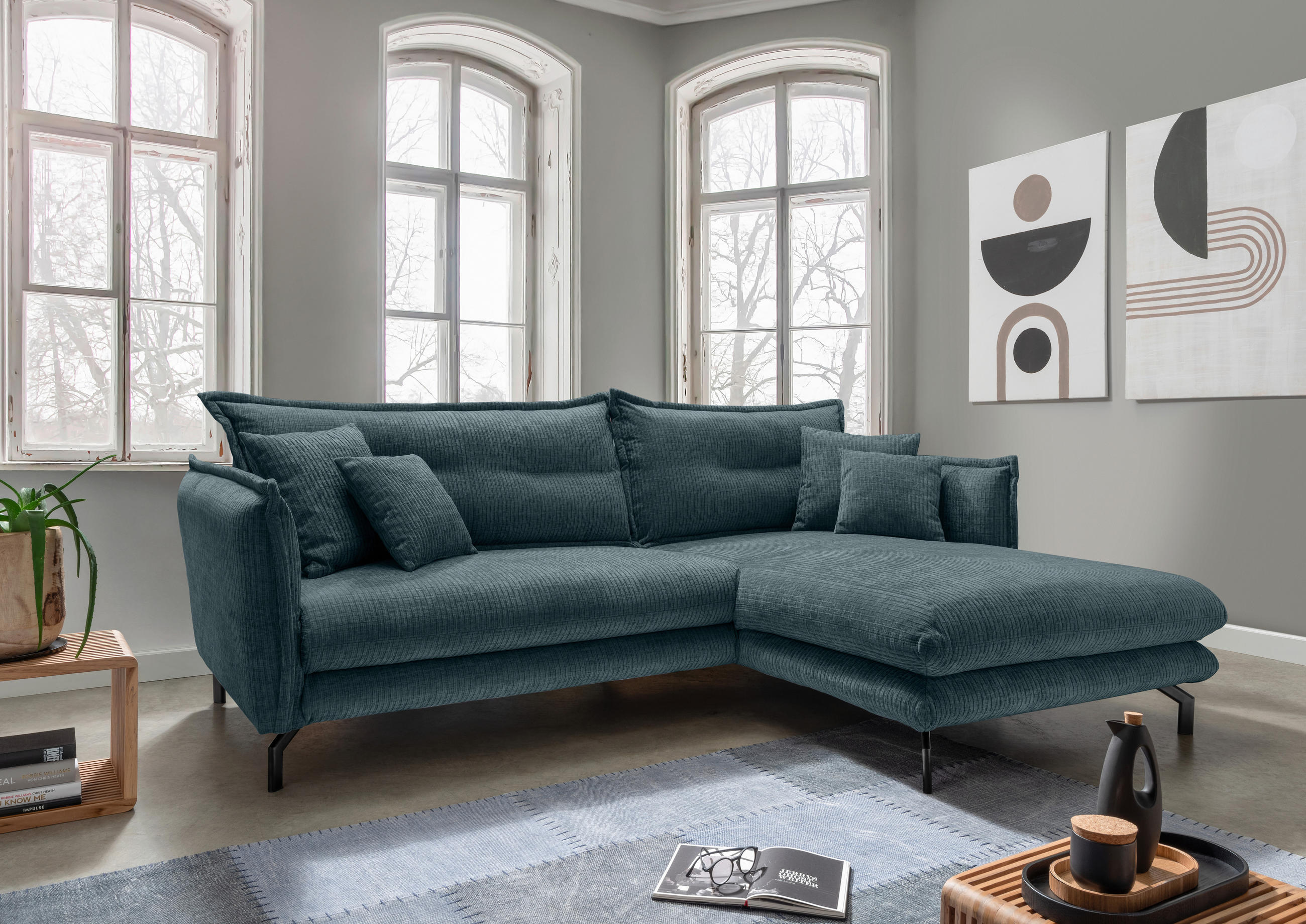 ECKSOFA Blau Velours  - Blau/Schwarz, Design, Textil/Metall (255/180cm) - Livetastic