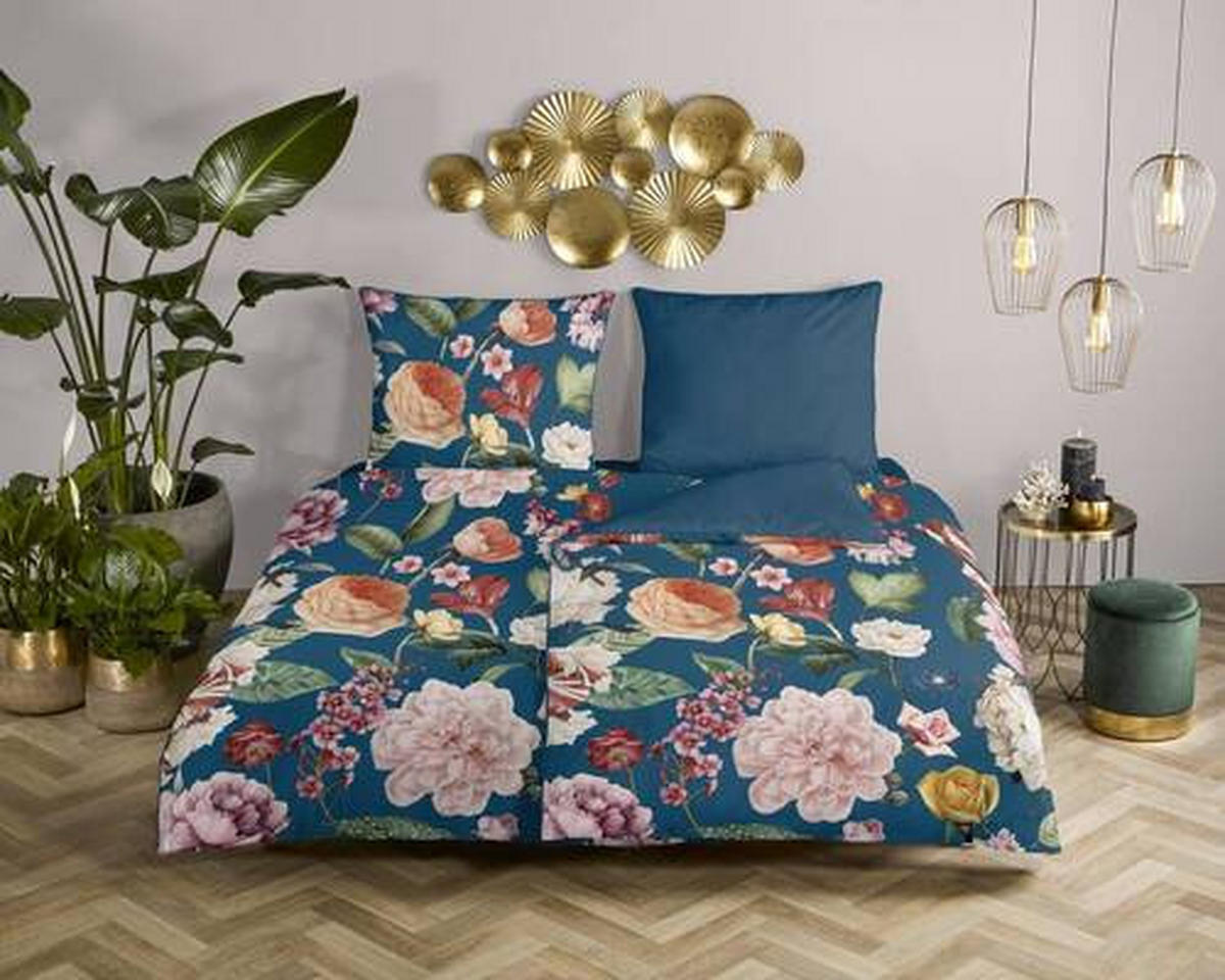 WENDEBETTWÄSCHE Fiori Satin 135/200 cm  - Blau/Dunkelblau, Natur, Textil (135/200cm)