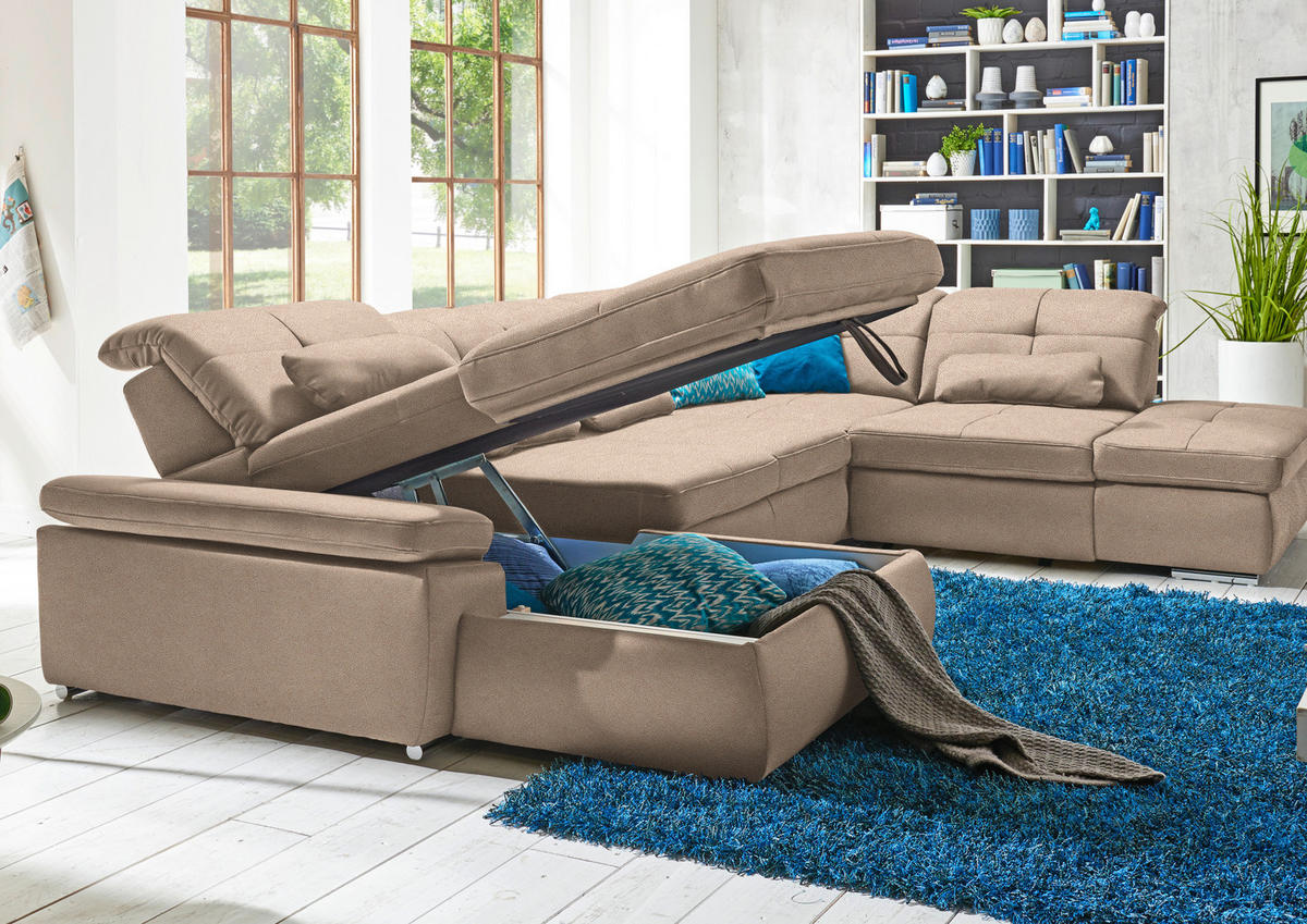 WOHNLANDSCHAFT  in Mikrofaser Beige  - Chromfarben/Beige, Design, Textil (195/371/260cm) - Beldomo Style