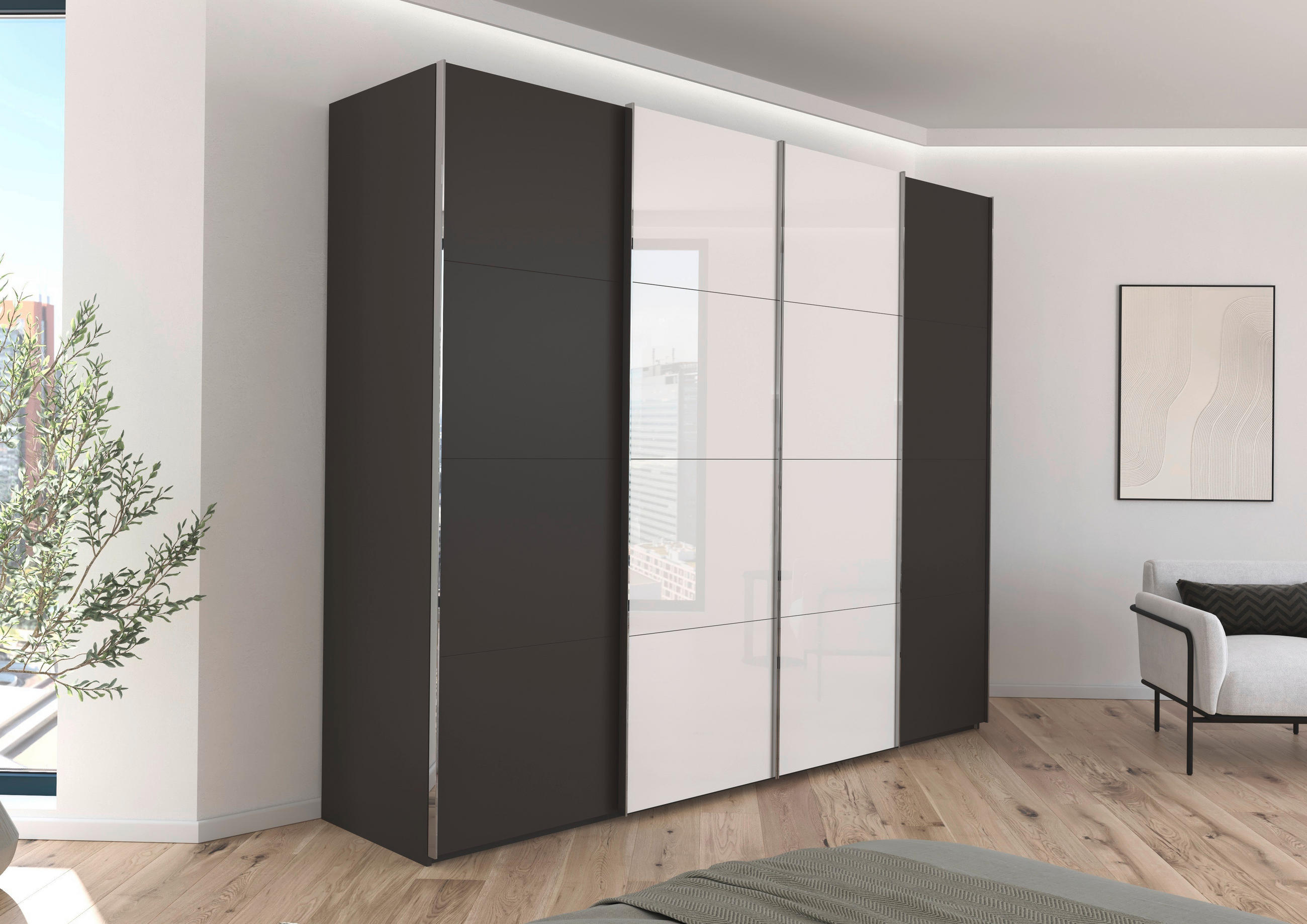 SCHWEBETÜRENSCHRANK 271/235/68 cm 4-türig Graphitfarben, Weiß  - Chromfarben/Graphitfarben, KONVENTIONELL, Glas/Holzwerkstoff (271/235/68cm) - Novel