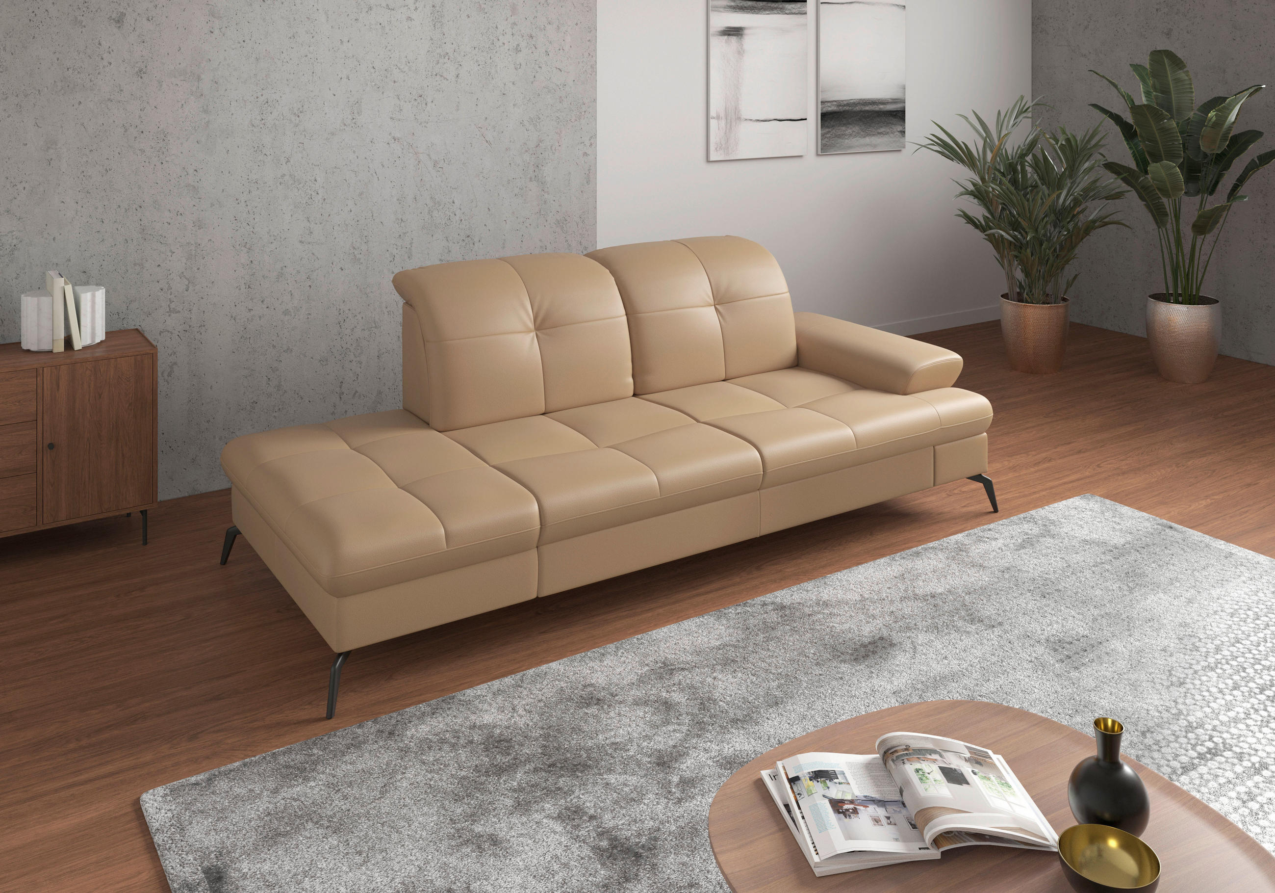 RÉCAMIERE Cappuccino Kombination Echtleder/Stoff Vliesstoff  - Schwarz/Cappuccino, KONVENTIONELL, Leder/Textil (231/90/122cm) - Sit & More