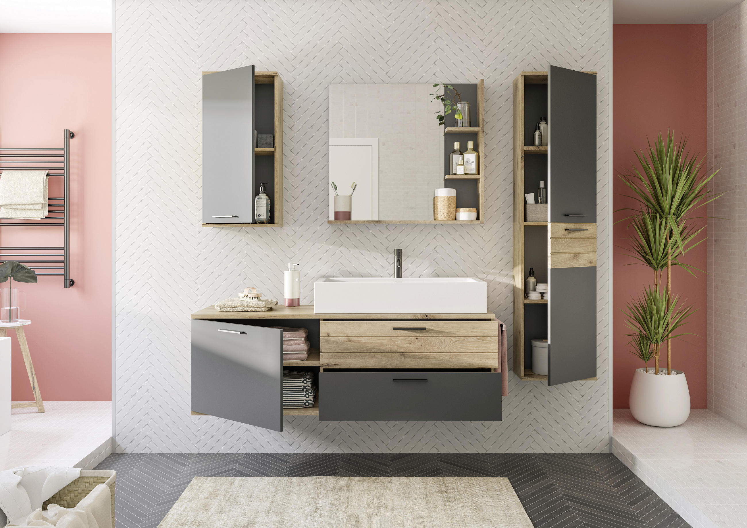 WASCHTISCHKOMBI 140 cm  - Eichefarben/Schwarz, MODERN, Holzwerkstoff/Kunststoff (140cm) - MID.YOU