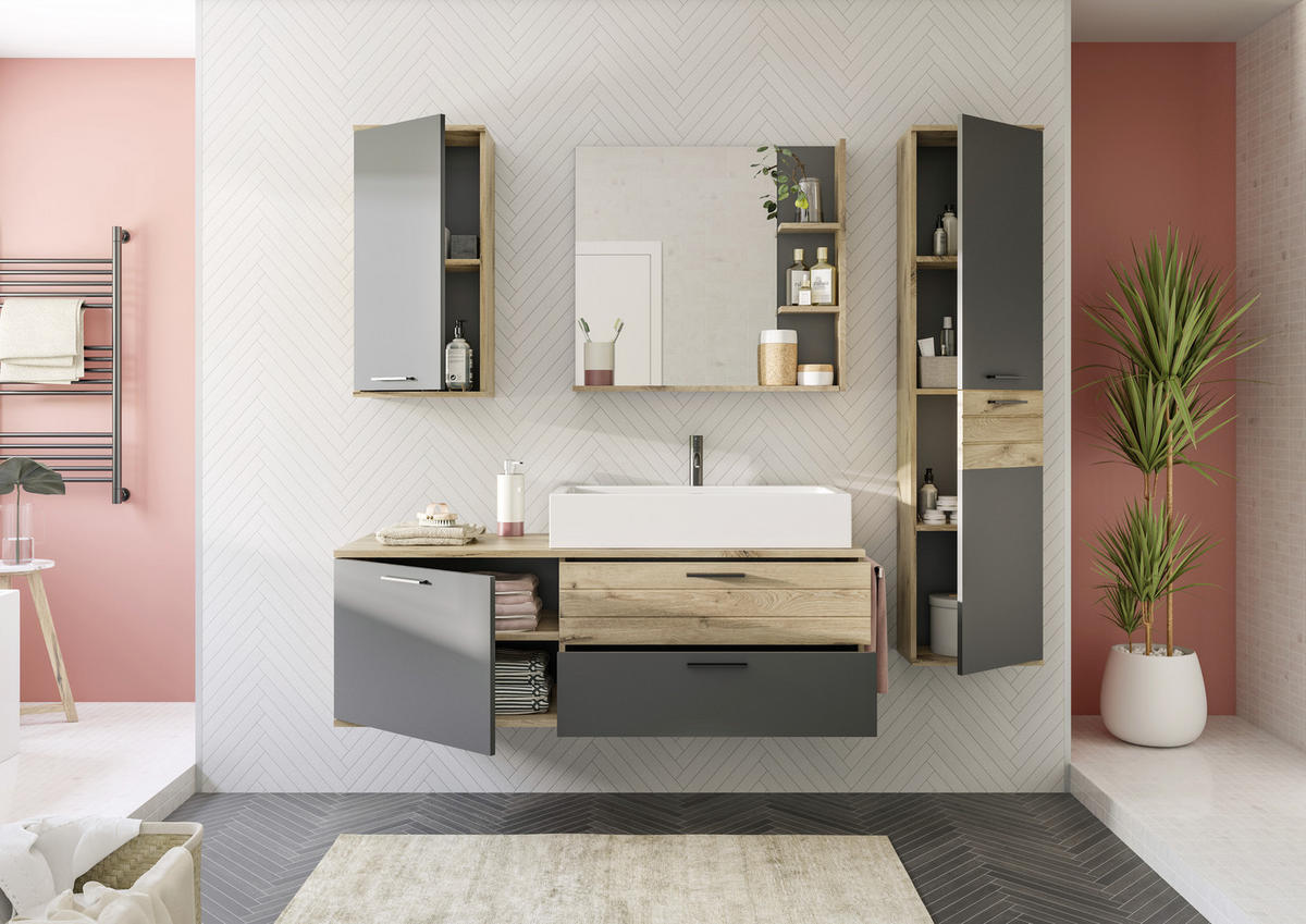 WASCHTISCHKOMBI 140 cm  - Eichefarben/Schwarz, MODERN, Holzwerkstoff/Kunststoff (140cm) - MID.YOU