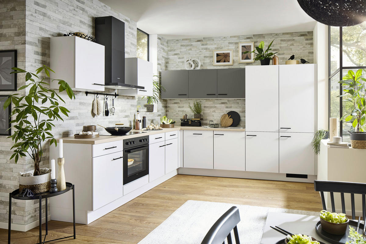 ECKKÜCHE 275/315 cm  Graphitfarben, Eichefarben, Hellgrau  - Eichefarben/Hellgrau, Basics, Holzwerkstoff/Metall (275/315cm) - Venda