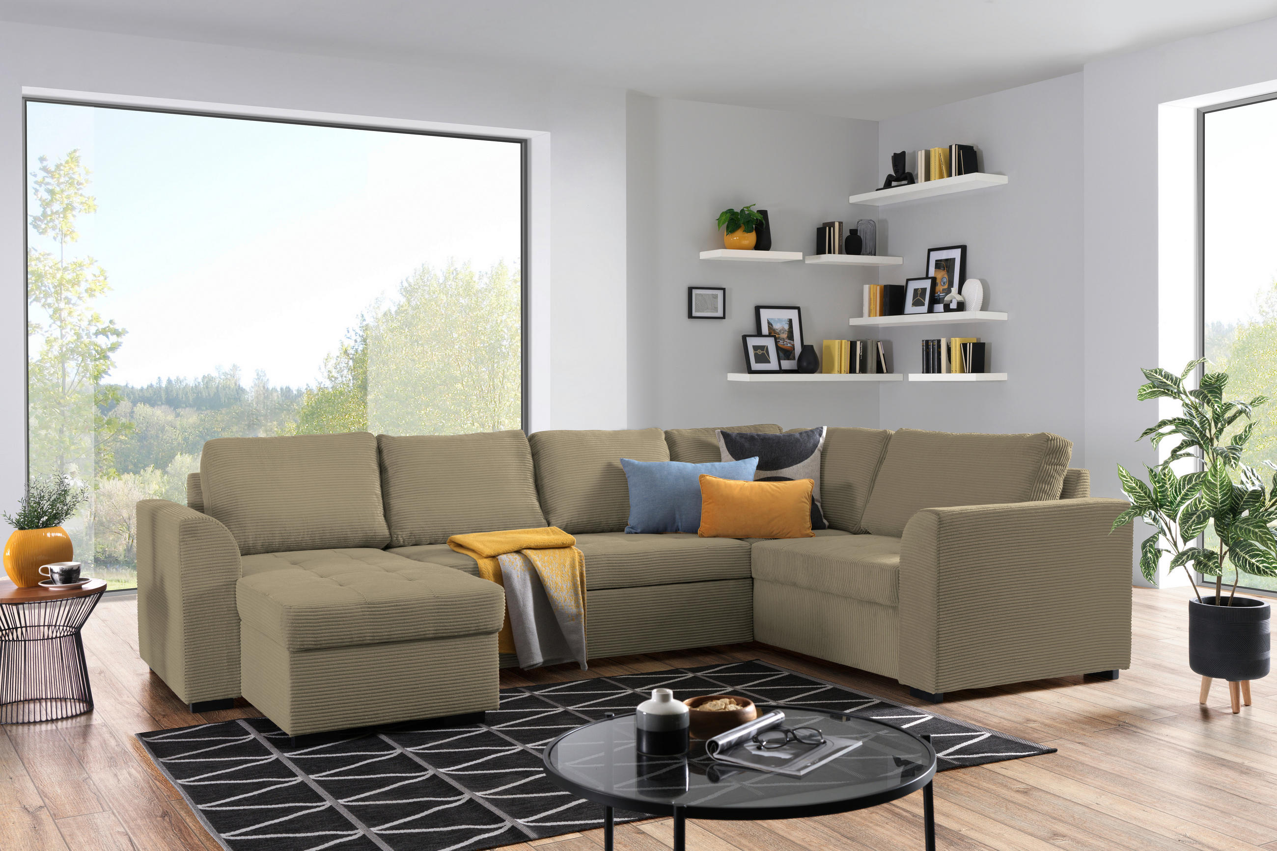 WOHNLANDSCHAFT in Cord, Velours Olivgrün  - Schwarz/Olivgrün, Design, Kunststoff/Textil (160/311/205cm) - Xora
