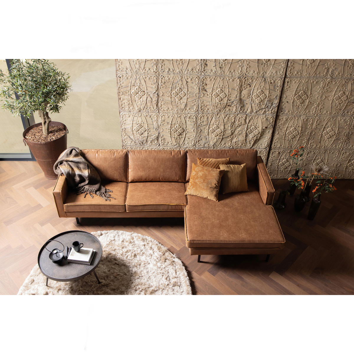 ECKSOFA Rodeo in Echtleder Cognac  300/155 cm  - Cognac/Schwarz, Design, Leder/Textil (300/155cm) - Livetastic