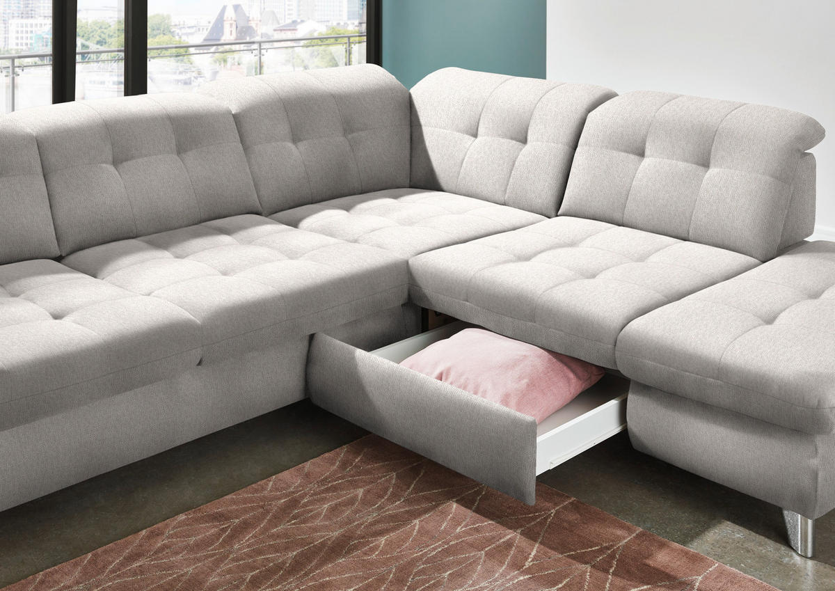 ECKSOFA in Chenille Ecru  - Chromfarben/Ecru, Design, Textil/Metall (310/260cm) - Beldomo Speed