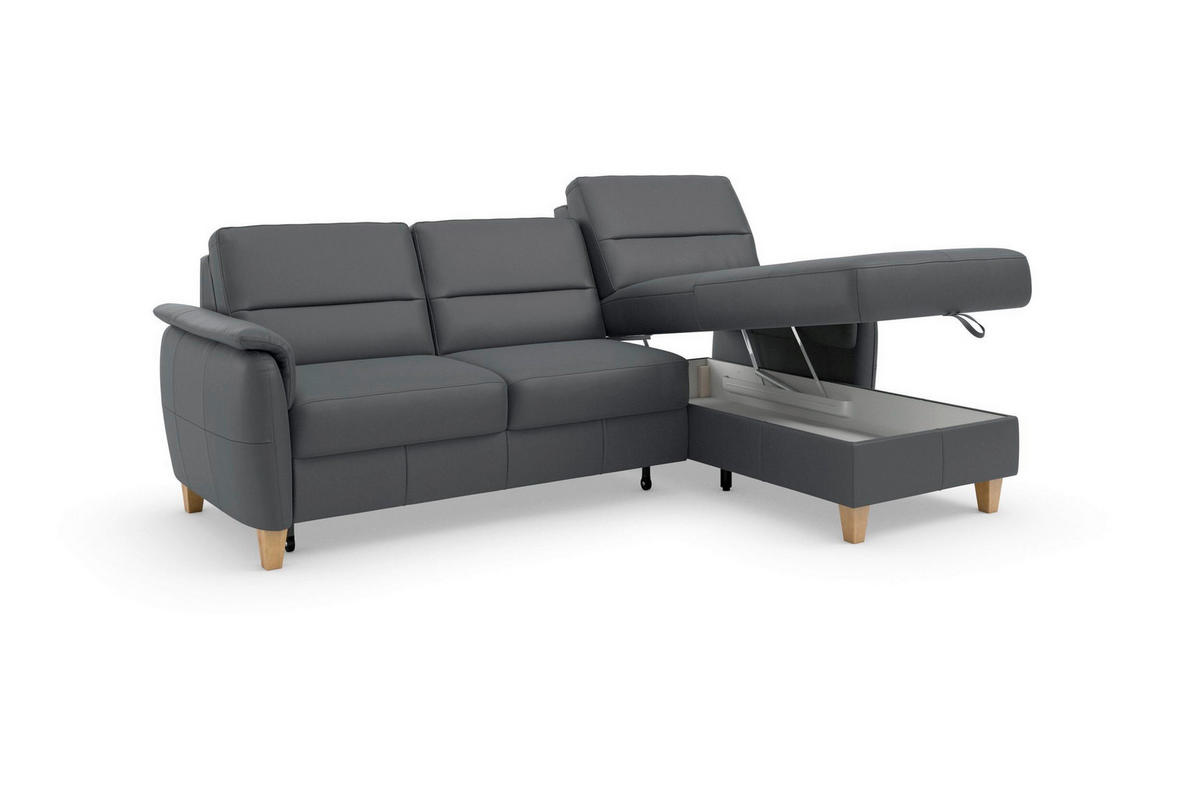 ECKSOFA PALMERA E Schwarz Kombination Echtleder/Stoff Mikrofaser Bettkasten  - Eichefarben/Schwarz, Basics, Leder/Holz (244/163cm) - Sit & More