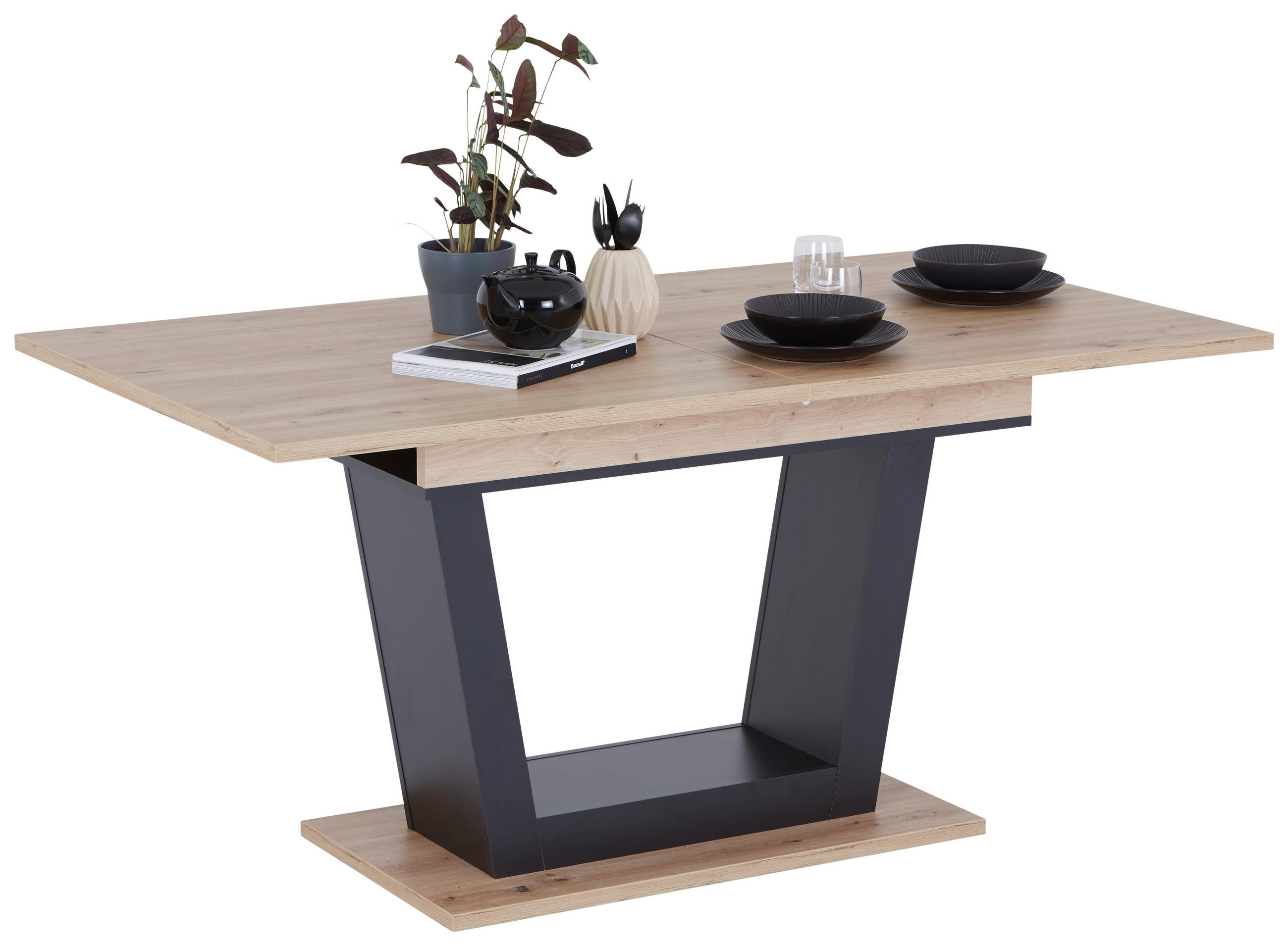 Milino Esstisch Schwarz, Eiche Artisan 90x77.3x160-200 cm