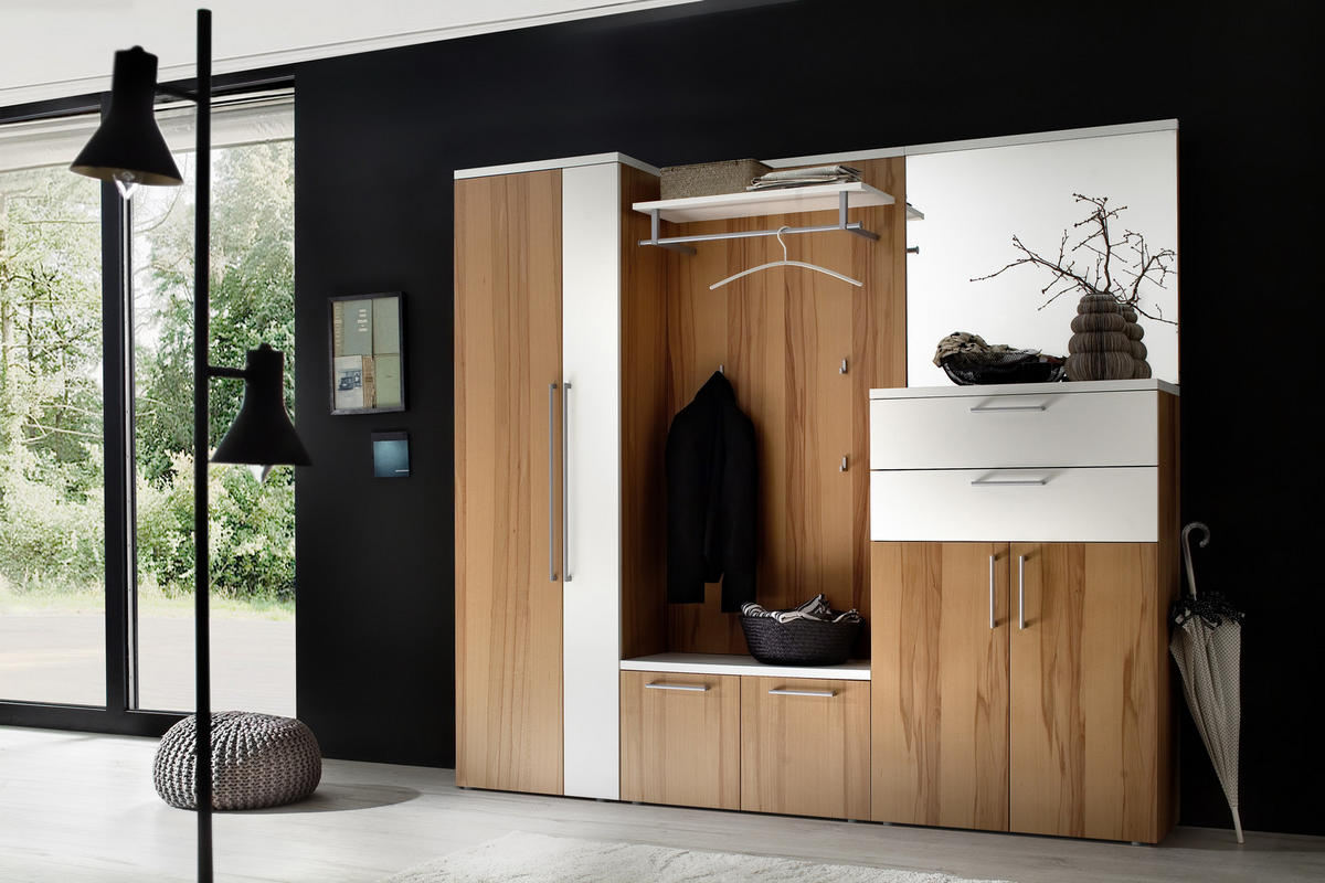 GARDEROBE 5-teilig  in 222/201/35 cm  - Weiss/Buchefarben, Design, Glas/Holz (222/201/35cm) - Moderano