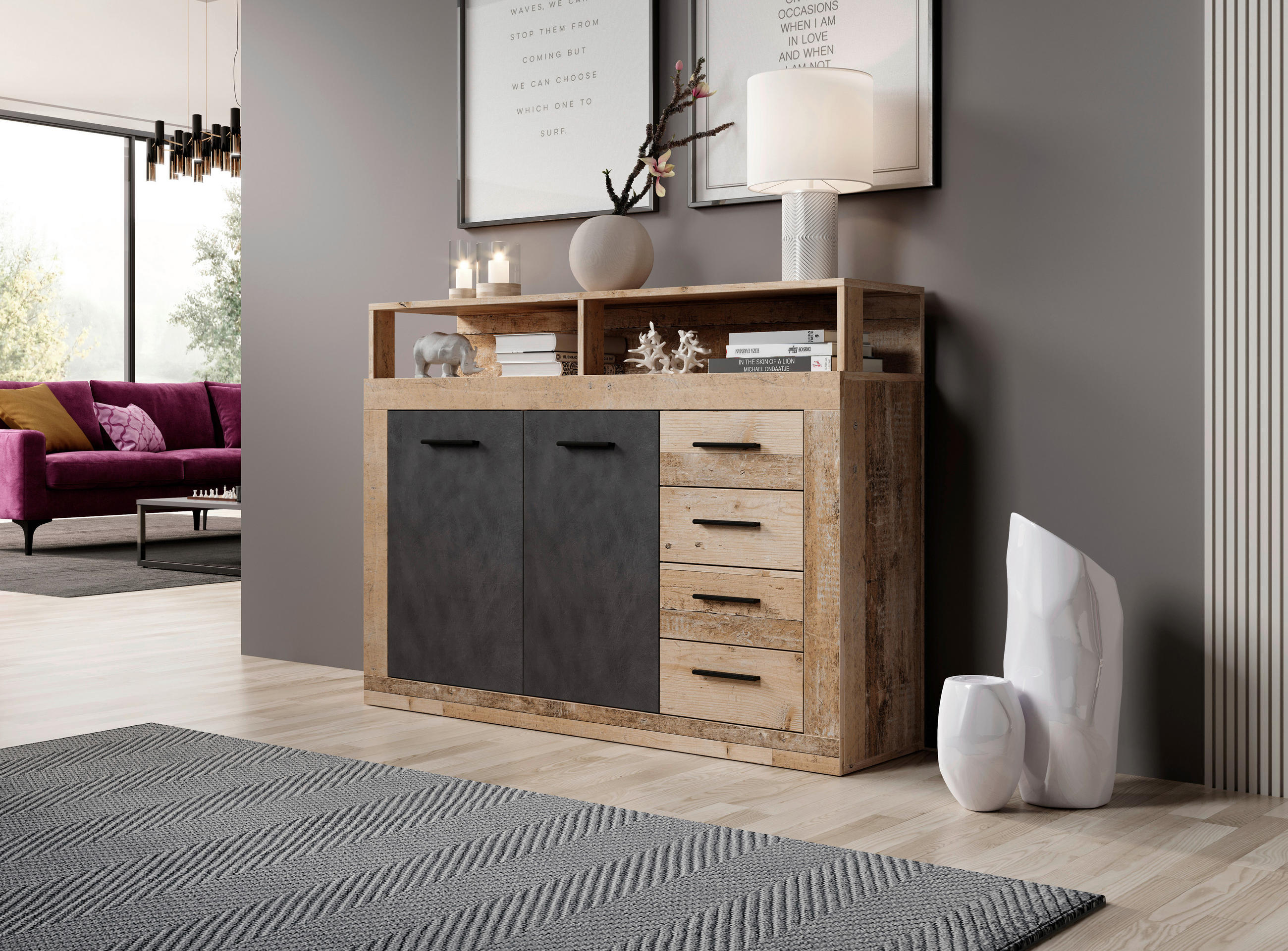 KOMMODE  in 119,5/96,8/32 cm  - Eichefarben/Anthrazit, Design, Holzwerkstoff/Kunststoff (119,5/96,8/32cm) - MID.YOU