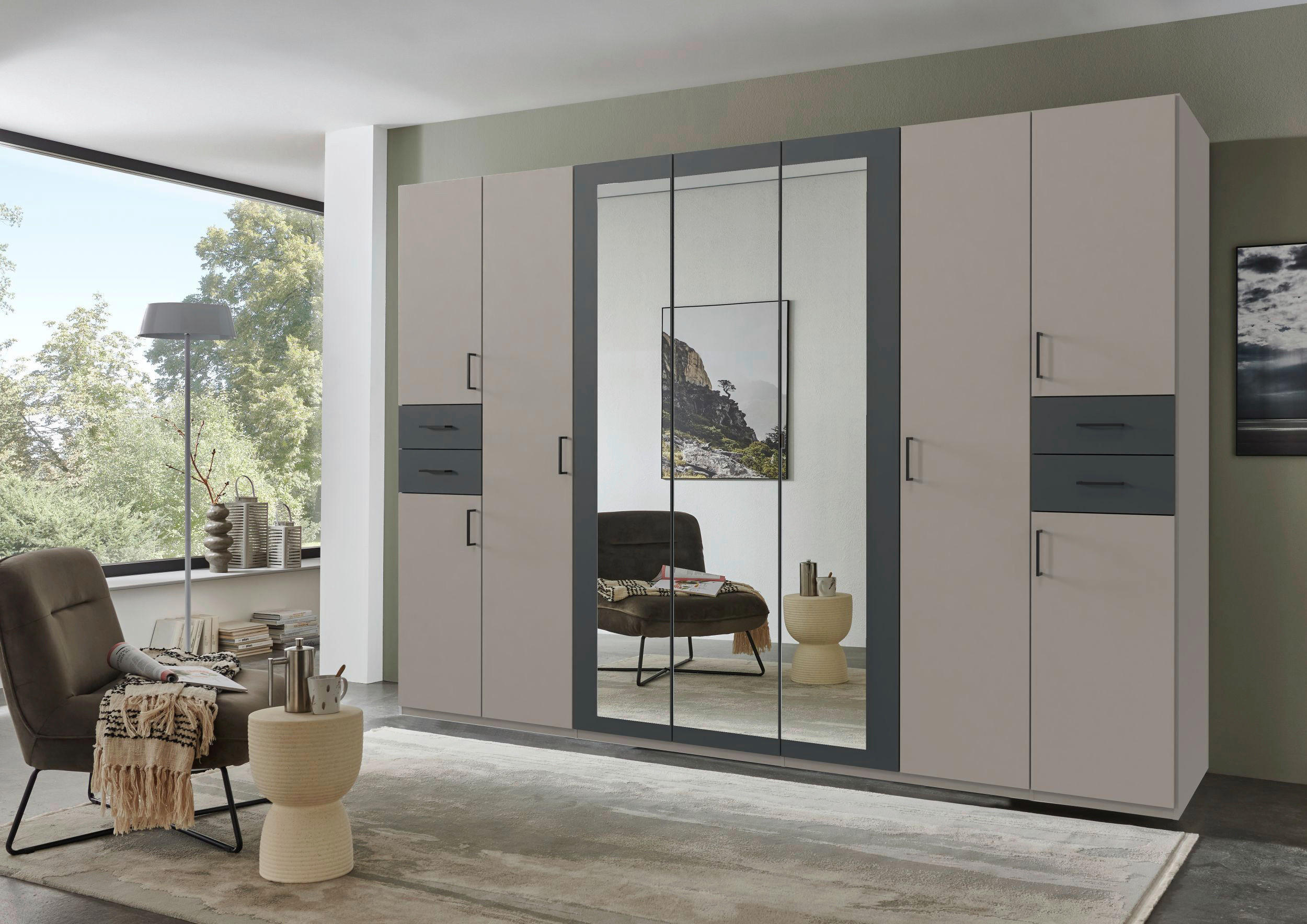 DREHTÜRENSCHRANK in Graphitfarben, Grau, Sahara  - Schwarz/Graphitfarben, Basics, Glas/Holzwerkstoff (313/208/58cm) - MID.YOU