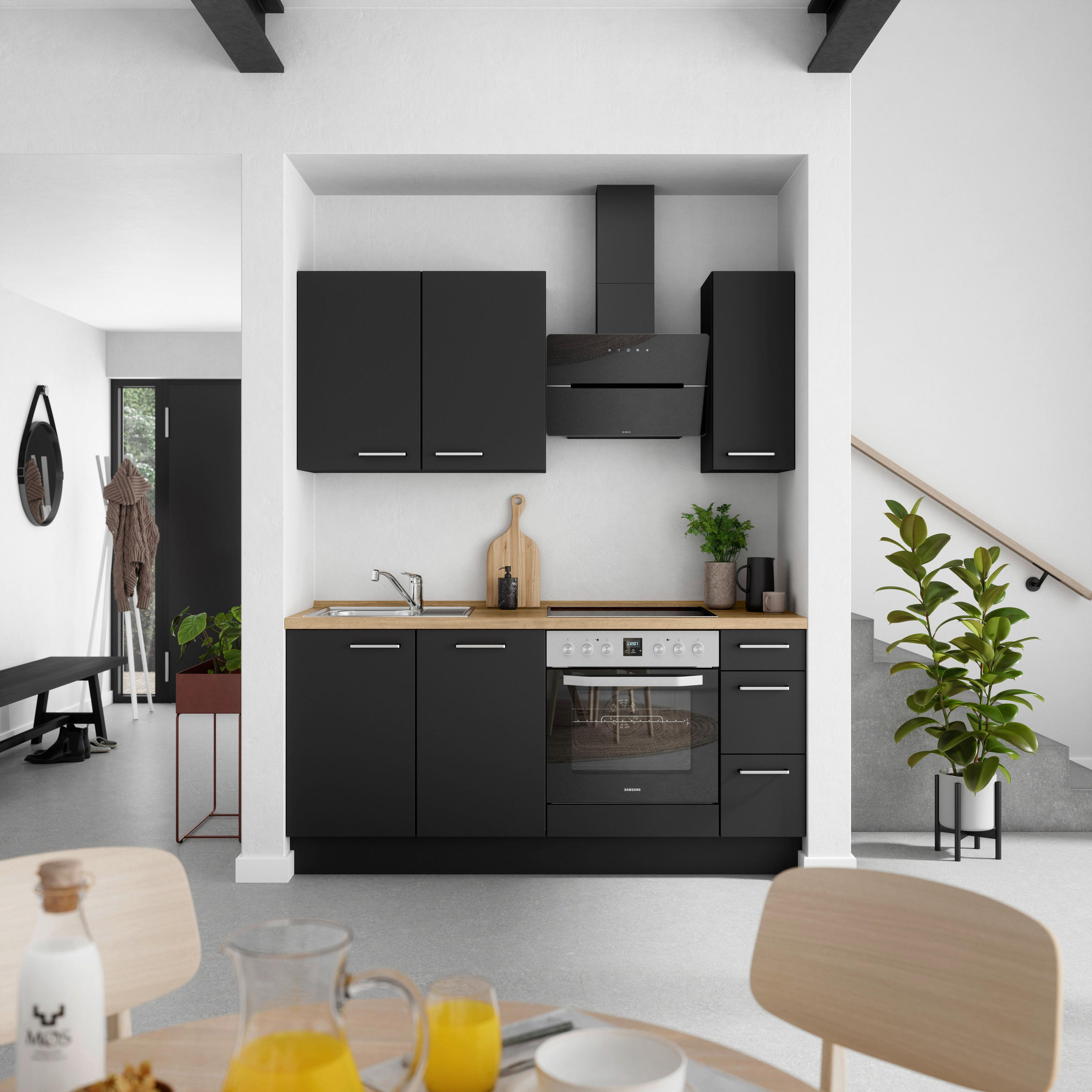 KÜCHENBLOCK 180 cm   in Schwarz, Eichefarben  - Edelstahlfarben/Eichefarben, MODERN, Holzwerkstoff/Metall (180cm) - Nobilia