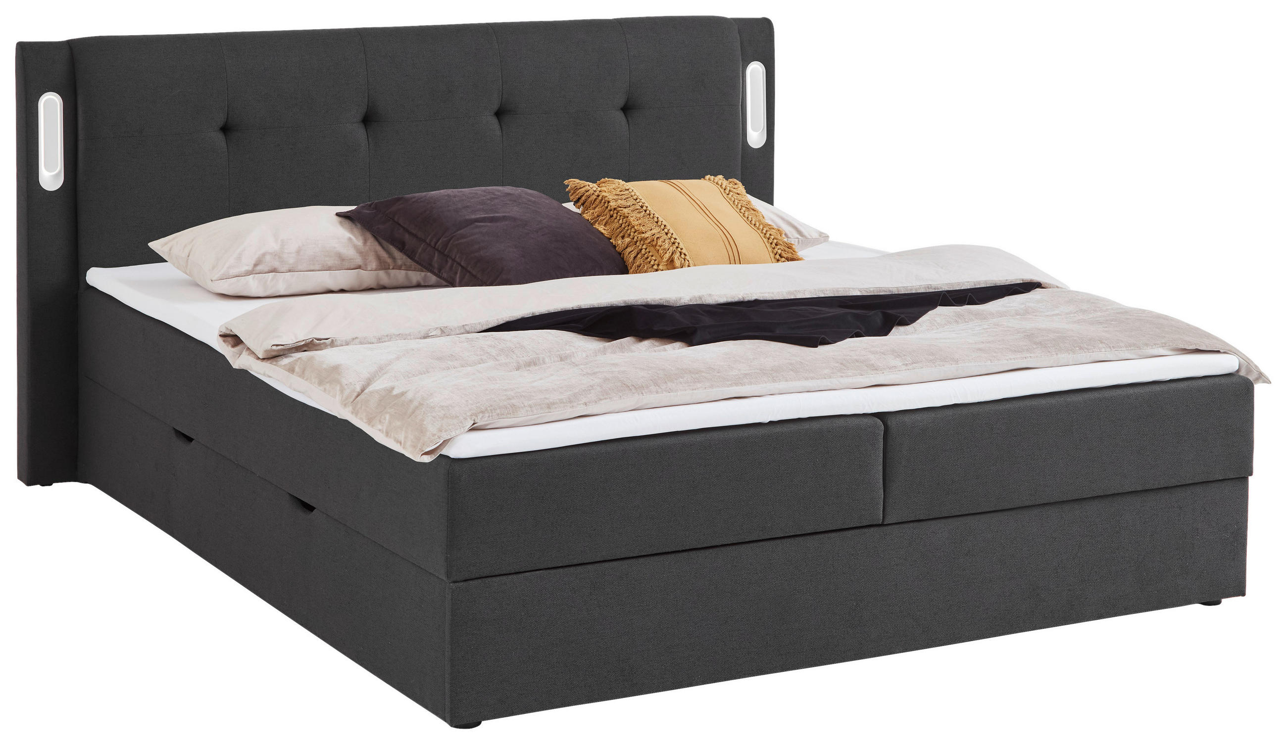 BOXBETT 180/200 cm,  in Schwarz, Matratze, gepolstertes Kopfteil, Bettkasten, Topper, H3 = fest  - Schwarz, Basics, Holz/Textil (180/200cm) - Boxxx