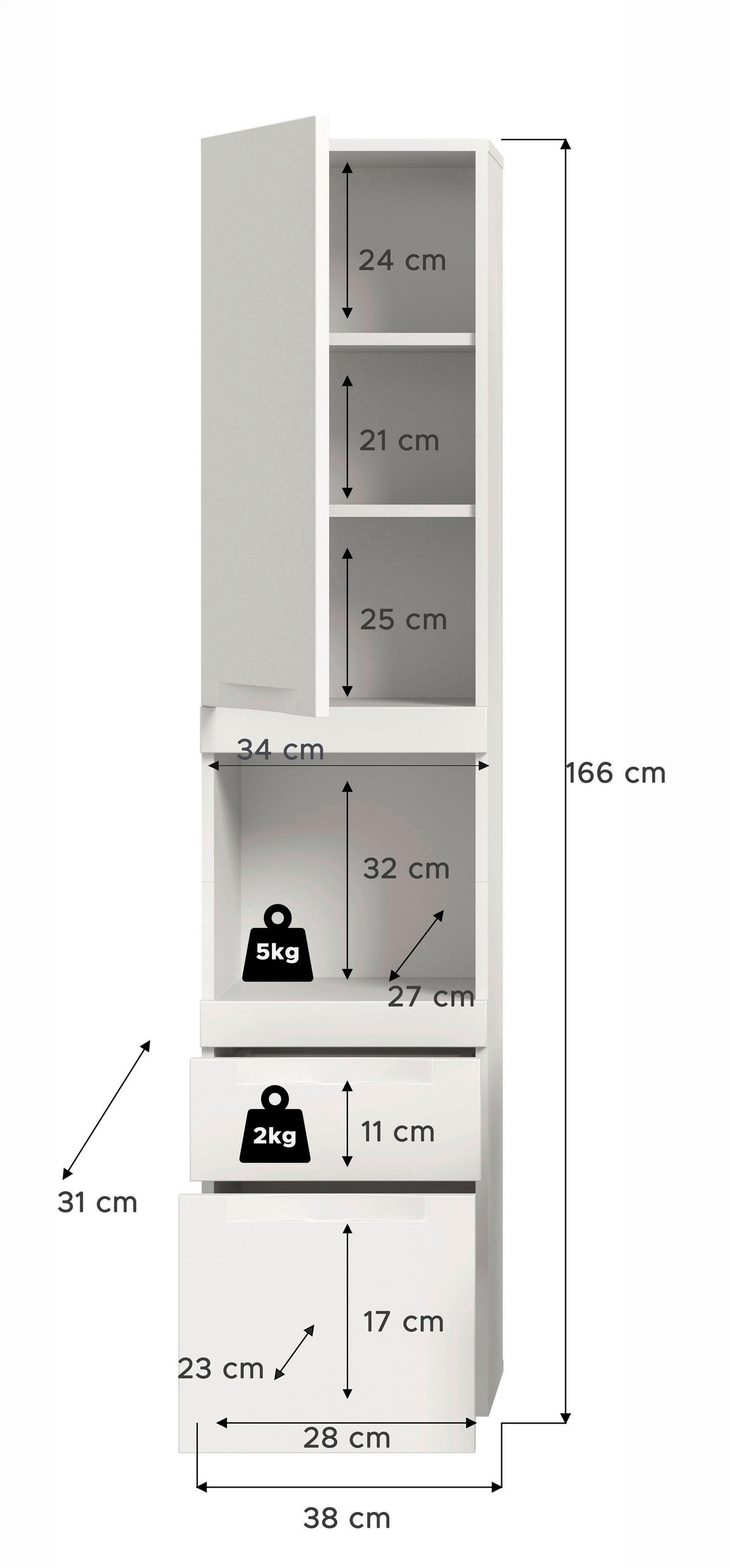 HÄNGESCHRANK 38/166/31 cm  - Weiß, Trend, Holzwerkstoff (38/166/31cm) - MID.YOU