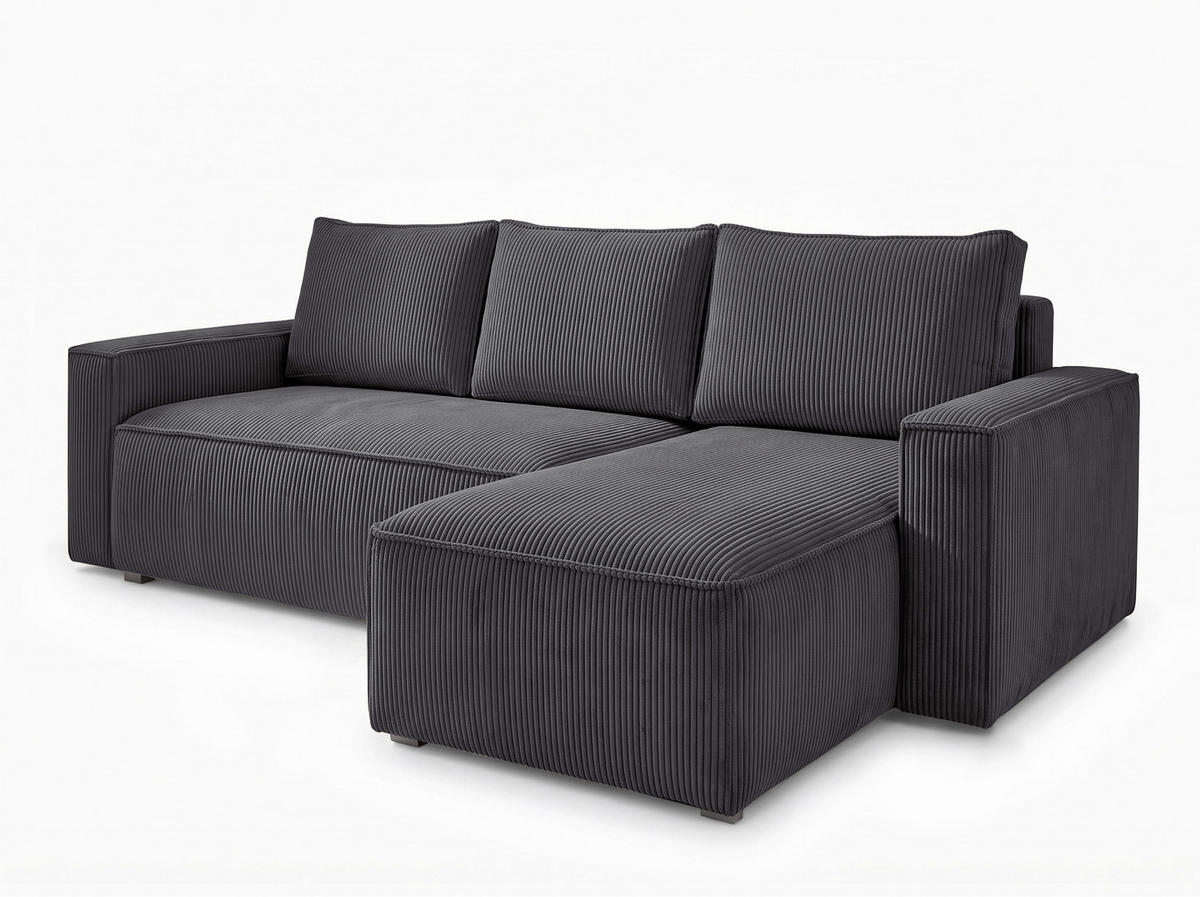ECKSOFA Anthrazit Cord Rückenkissen, Bettkasten, Schlaffunktion, Rücken echt, Liegefläche im Originalstoff  - Anthrazit/Schwarz, MODERN, Kunststoff/Textil (232/140cm) - Xora