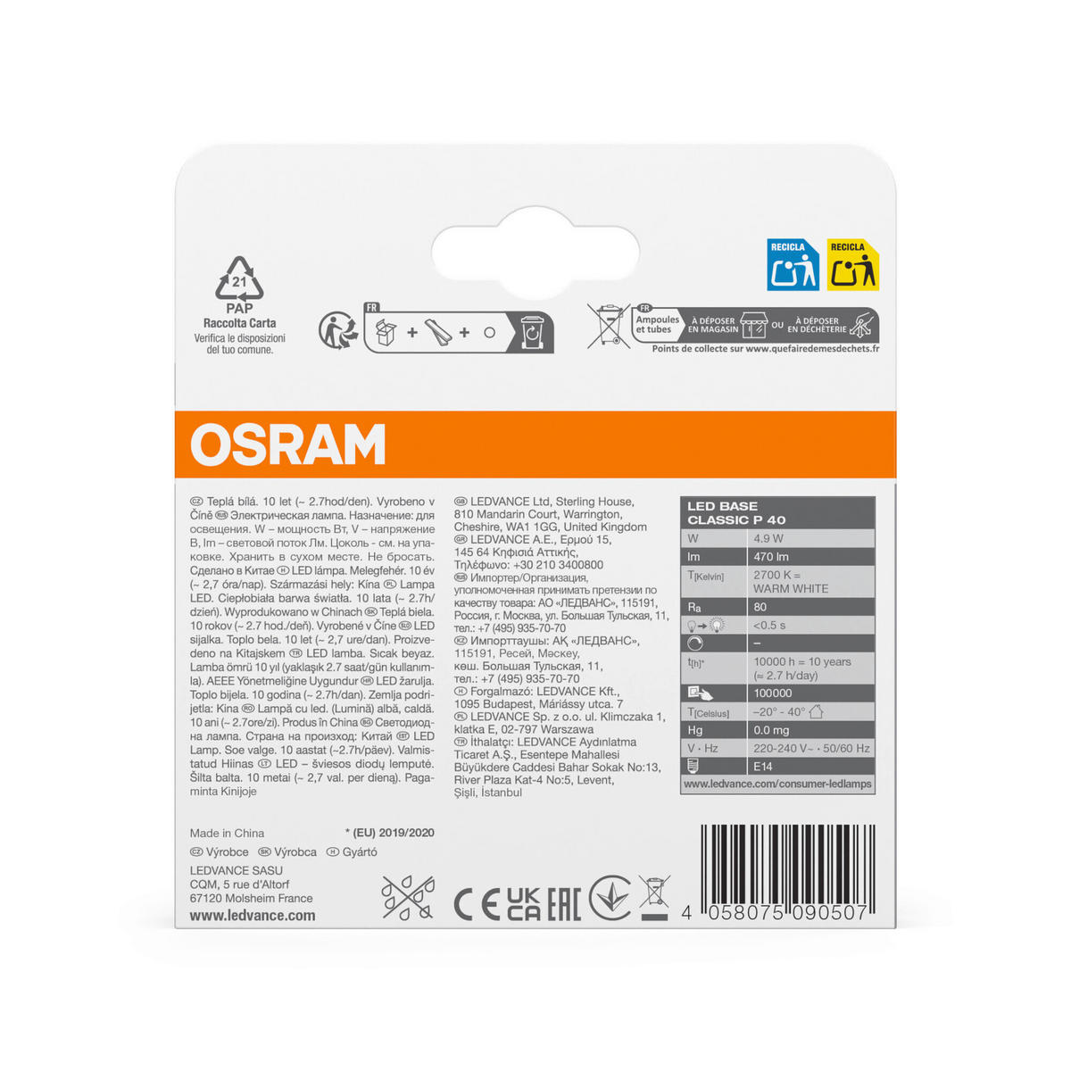 LED-LEUCHTMITTEL   E14 4,9 W 470 lm  - Weiß, Basics, Kunststoff (4,5/8,2cm) - Osram