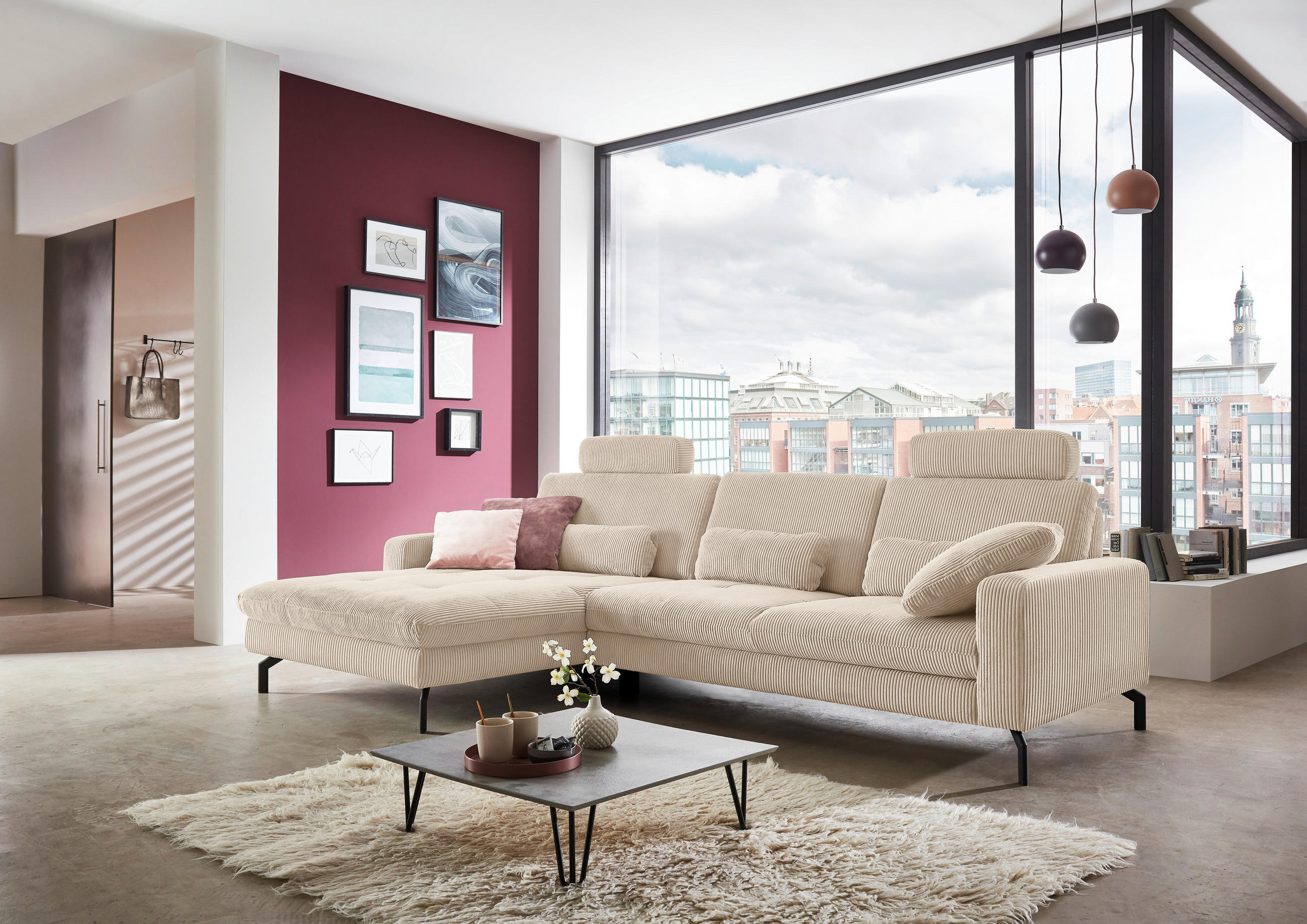 ECKSOFA in Cord Beige  - Beige/Schwarz, Design, Textil/Metall (178/302cm) - Beldomo Style