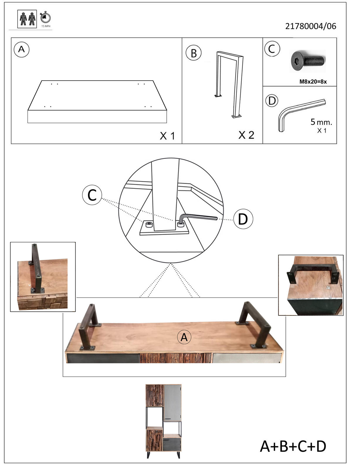 HIGHBOARD  in 88/180/40 cm  - Hellbraun/Schwarz, Design, Holz/Stein (88/180/40cm) - Carryhome
