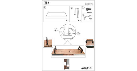 HIGHBOARD in 88/180/40 cm - Hellbraun/Schwarz, Design, Holz/Stein (88/180/40cm) - Carryhome