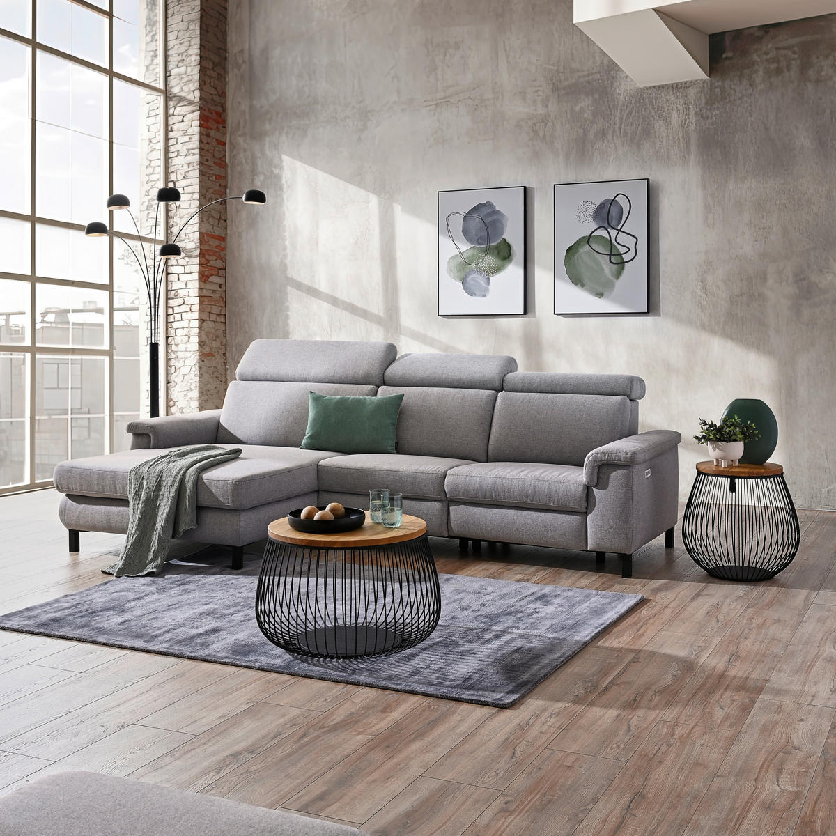ECKSOFA in Flachgewebe Hellgrau  - Hellgrau/Schwarz, Konventionell, Textil/Metall (182/304cm) - Pure Home Comfort