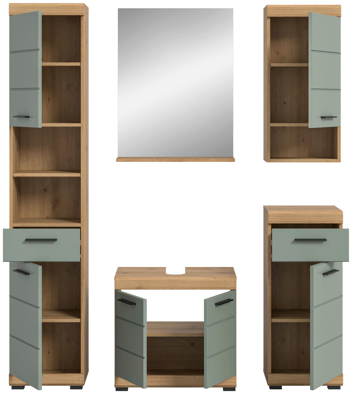 BADEZIMMER 5-teilig  in 134 cm  - Salbeigrün/Eichefarben, MODERN, Glas/Holzwerkstoff (134cm) - MID.YOU
