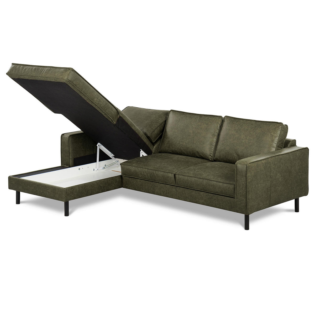 ECKSOFA Grün Echtleder Lederlook Bettkasten, Schlaffunktion, Rücken echt  - Schwarz/Grün, Design, Leder/Textil (166/238cm) - Livetastic